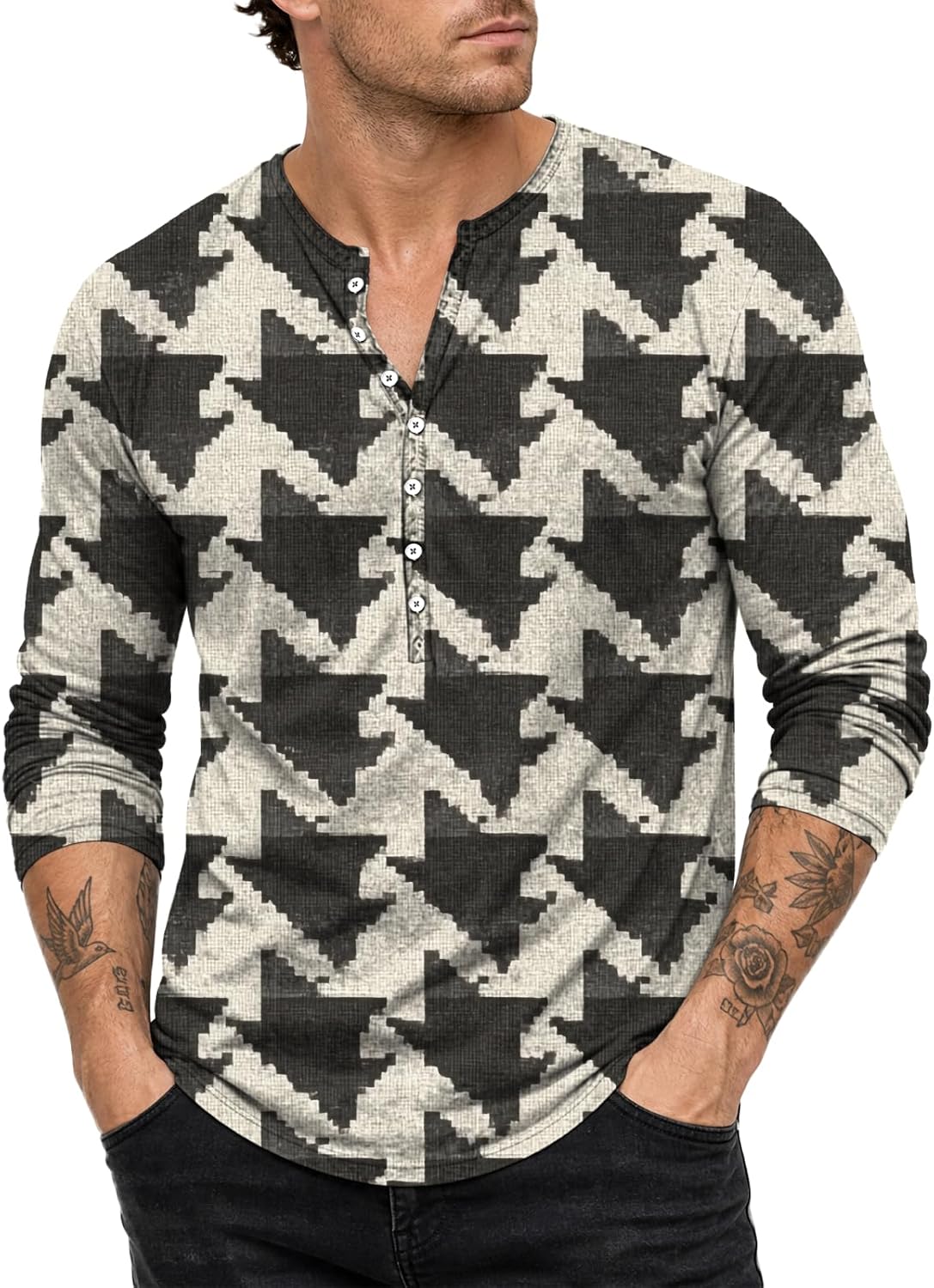 Men's Retro Print Henley Shirt - Long Sleeve Half Button Oversized Top with Novelty Graphics for Casual Days - Small