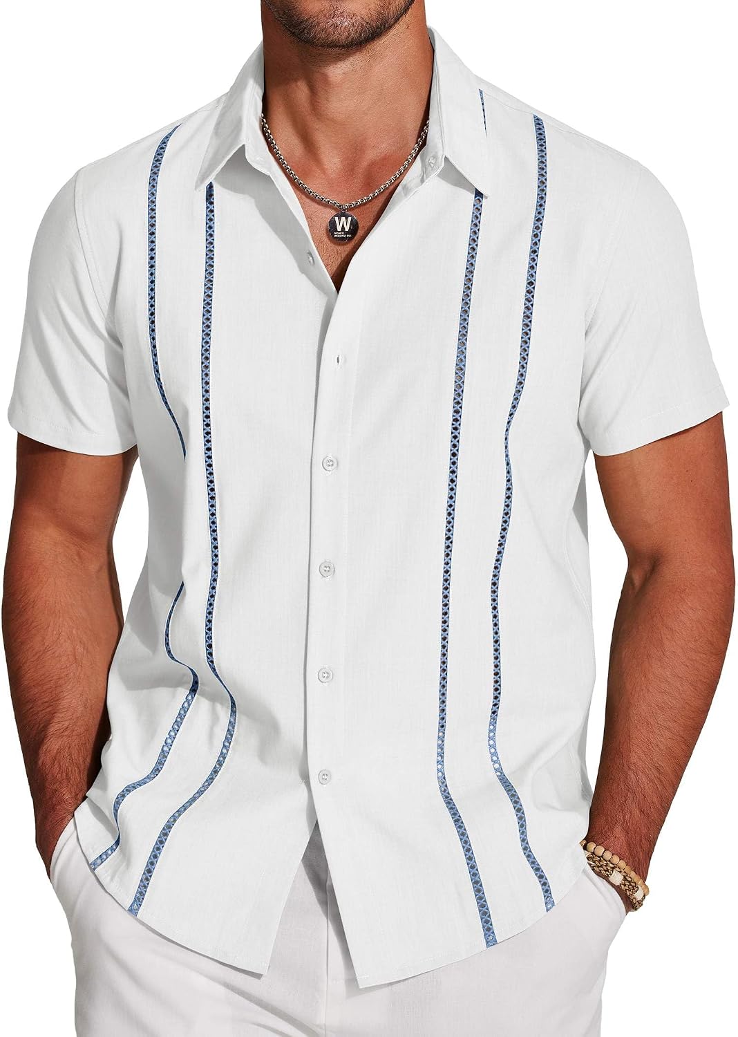 Men's Cuban Guayabera Shirt - Short Sleeve Linen Blend Button Down Casual Top for Summer Beach and Resort Days - Beige