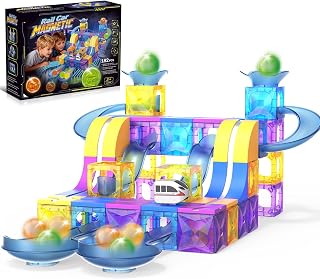 Electric Train Set,Marble Run with Race Track Rolling Ball Kit,Magnetic Brackets Tiles Marbles&3D Track Train,182Pcs,4-in-1 B