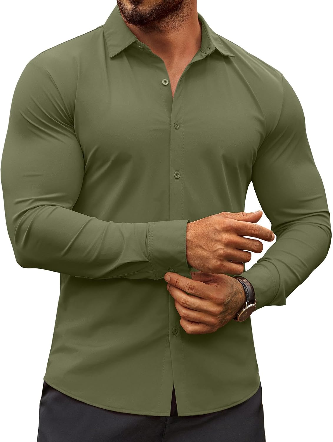 Men's Muscle Fit Dress Shirt - Wrinkle Free Long Sleeve Button Down for Business Casual and Evening Wear - White