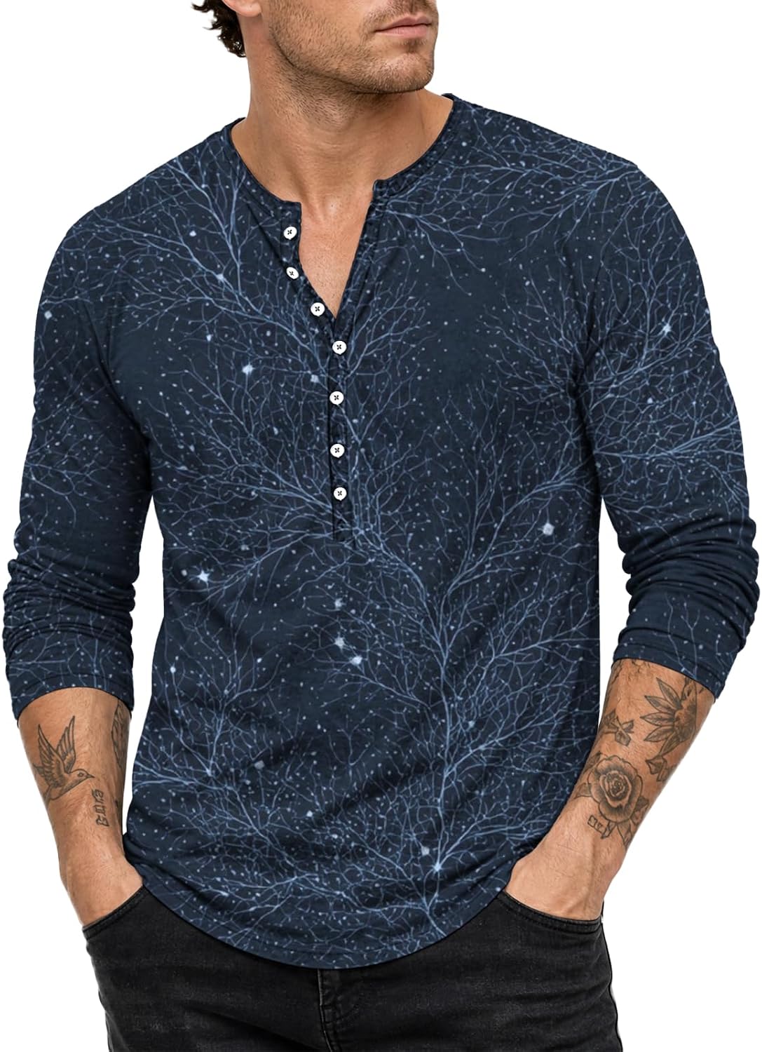 Men's Retro Print Henley Shirt - Long Sleeve Half Button Oversized Top with Novelty Graphics for Casual Days - Small