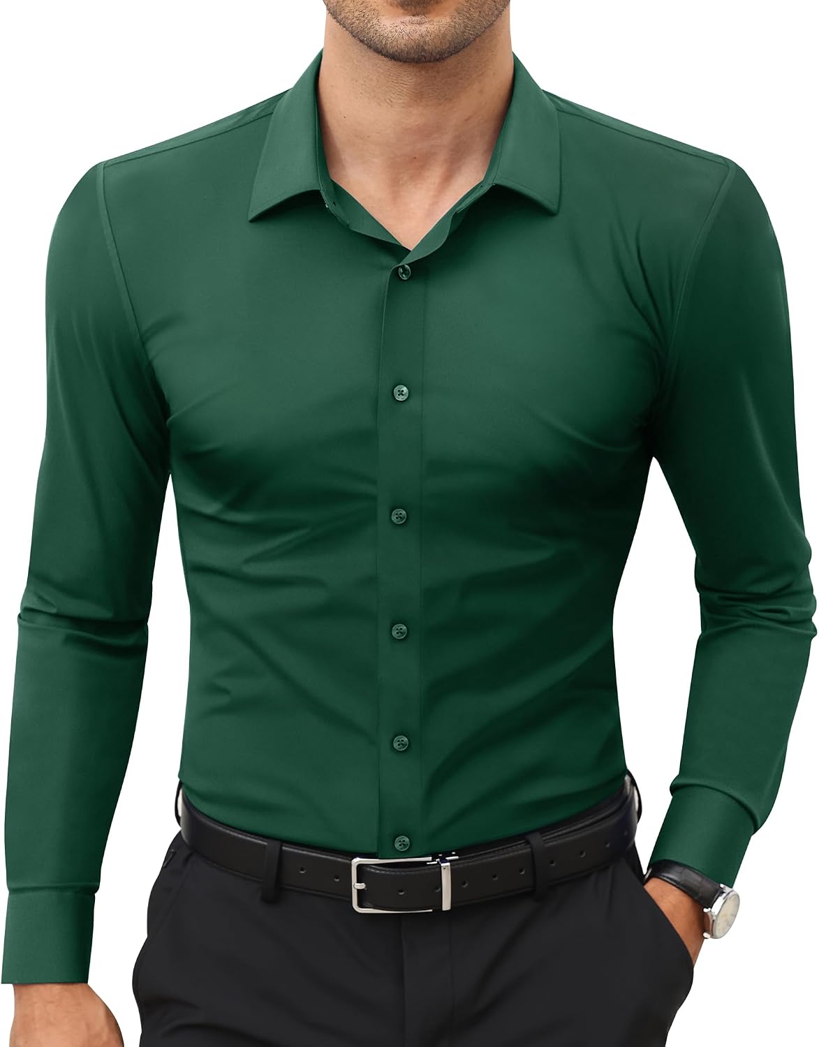 Men's Stretch Dress Shirt - Long Sleeve Slim Muscle Fit, Wrinkle Free Button Down for Office and Evening Wear - Small