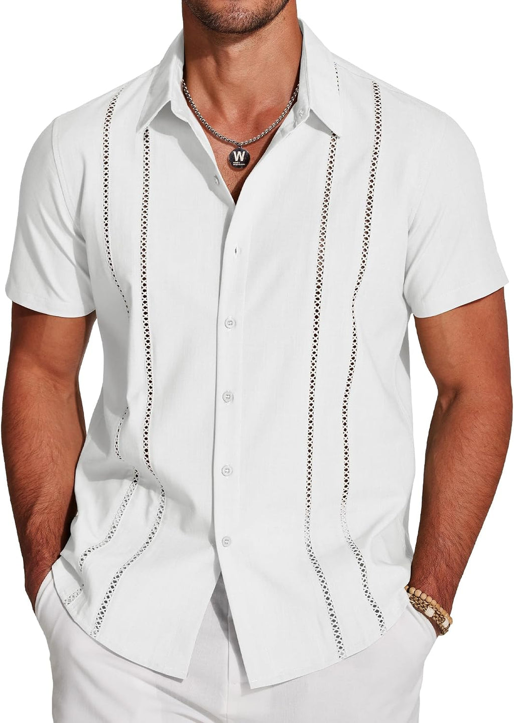 Men's Cuban Guayabera Shirt - Short Sleeve Linen Blend Button Down Casual Top for Summer Beach and Resort Days - White (