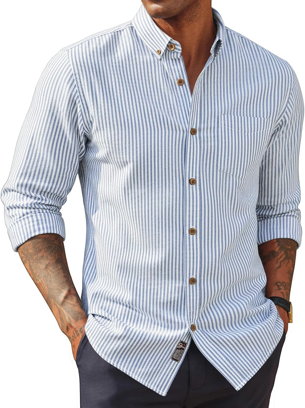 Men's Cotton Linen Button Down Shirt - Long Sleeve Classic Fit Untucked Top with Chest Pocket for Summer - Large