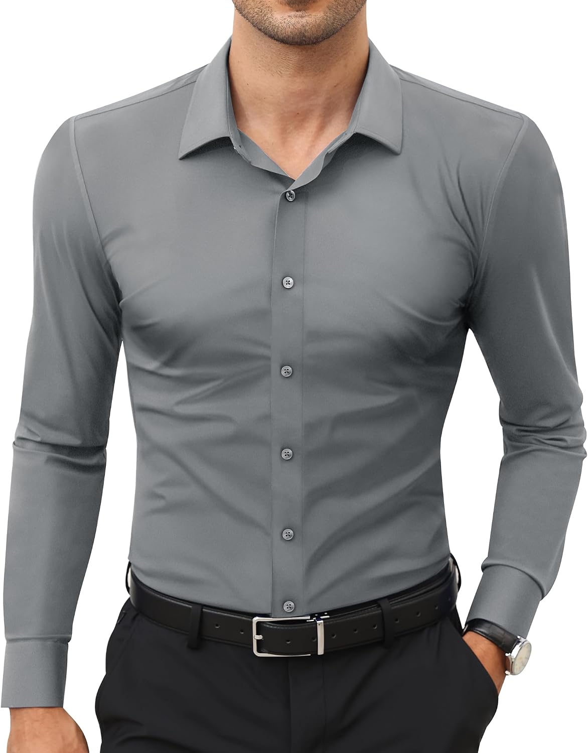 Men's Stretch Dress Shirt - Long Sleeve Slim Muscle Fit, Wrinkle Free Button Down for Office and Evening Wear - Small