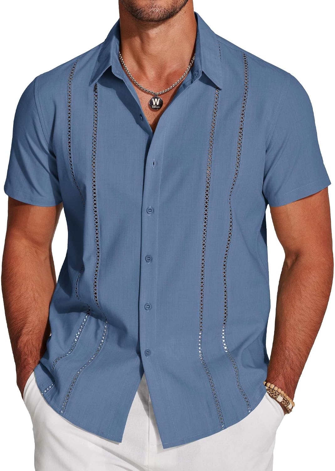 Men's Cuban Guayabera Shirt - Short Sleeve Linen Blend Button Down Casual Top for Summer Beach and Resort Days - White