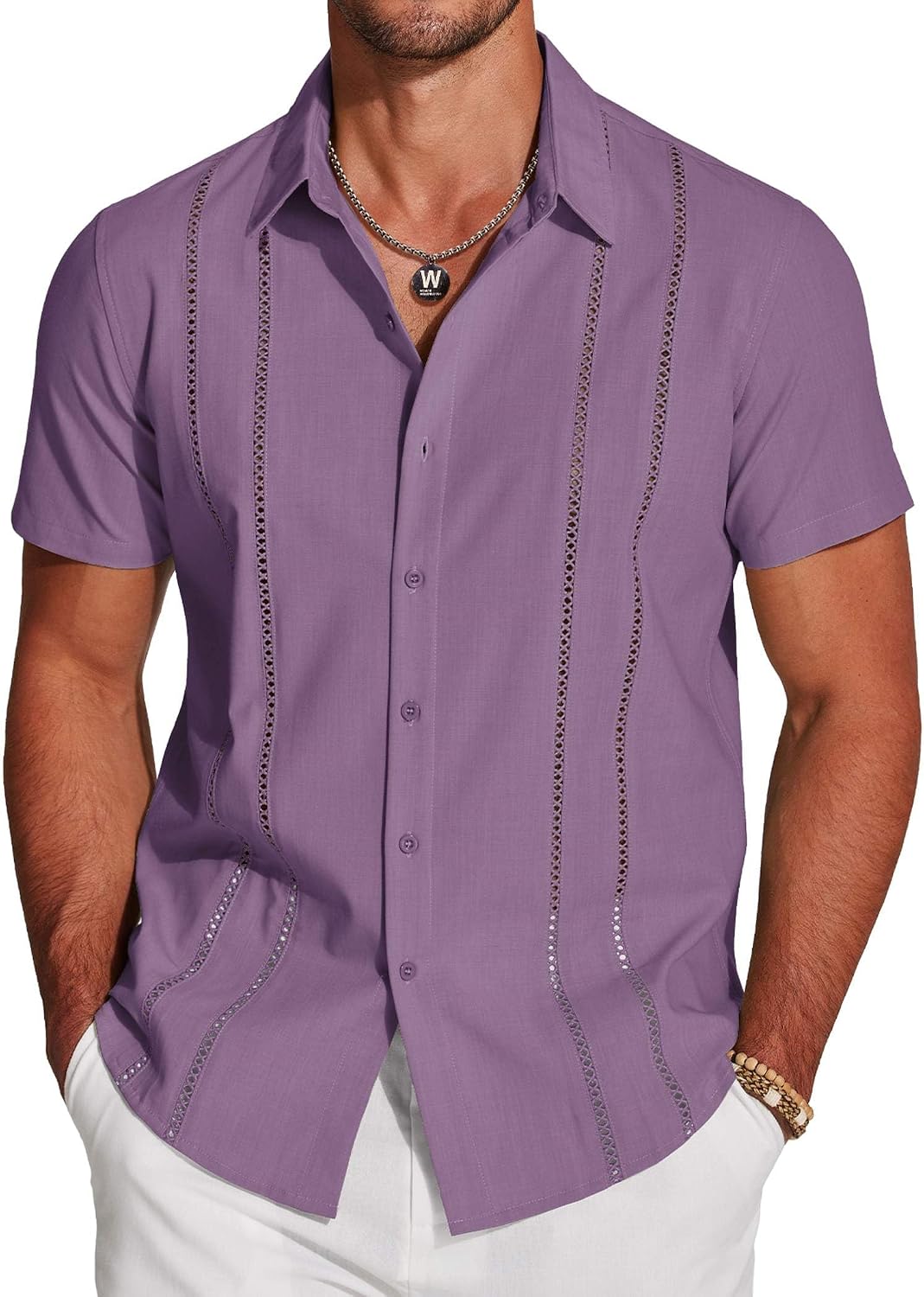 Men's Cuban Guayabera Shirt - Short Sleeve Linen Blend Button Down Casual Top for Summer Beach and Resort Days - White (