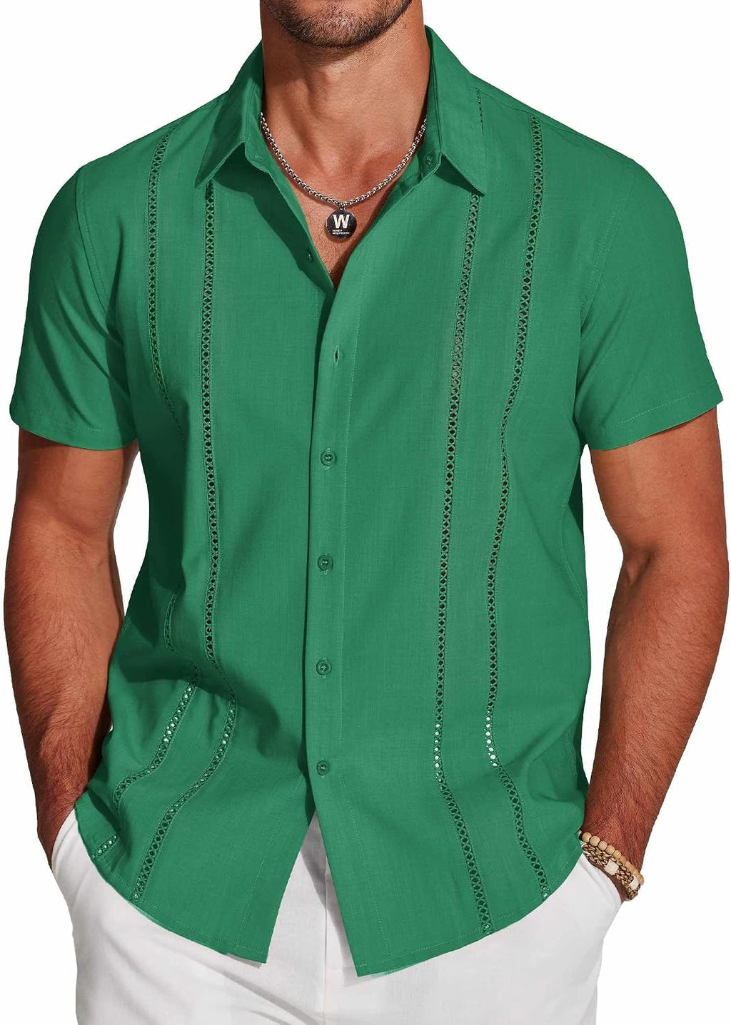 Men's Cuban Guayabera Shirt - Short Sleeve Linen Blend Button Down Casual Top for Summer Beach and Resort Days - White