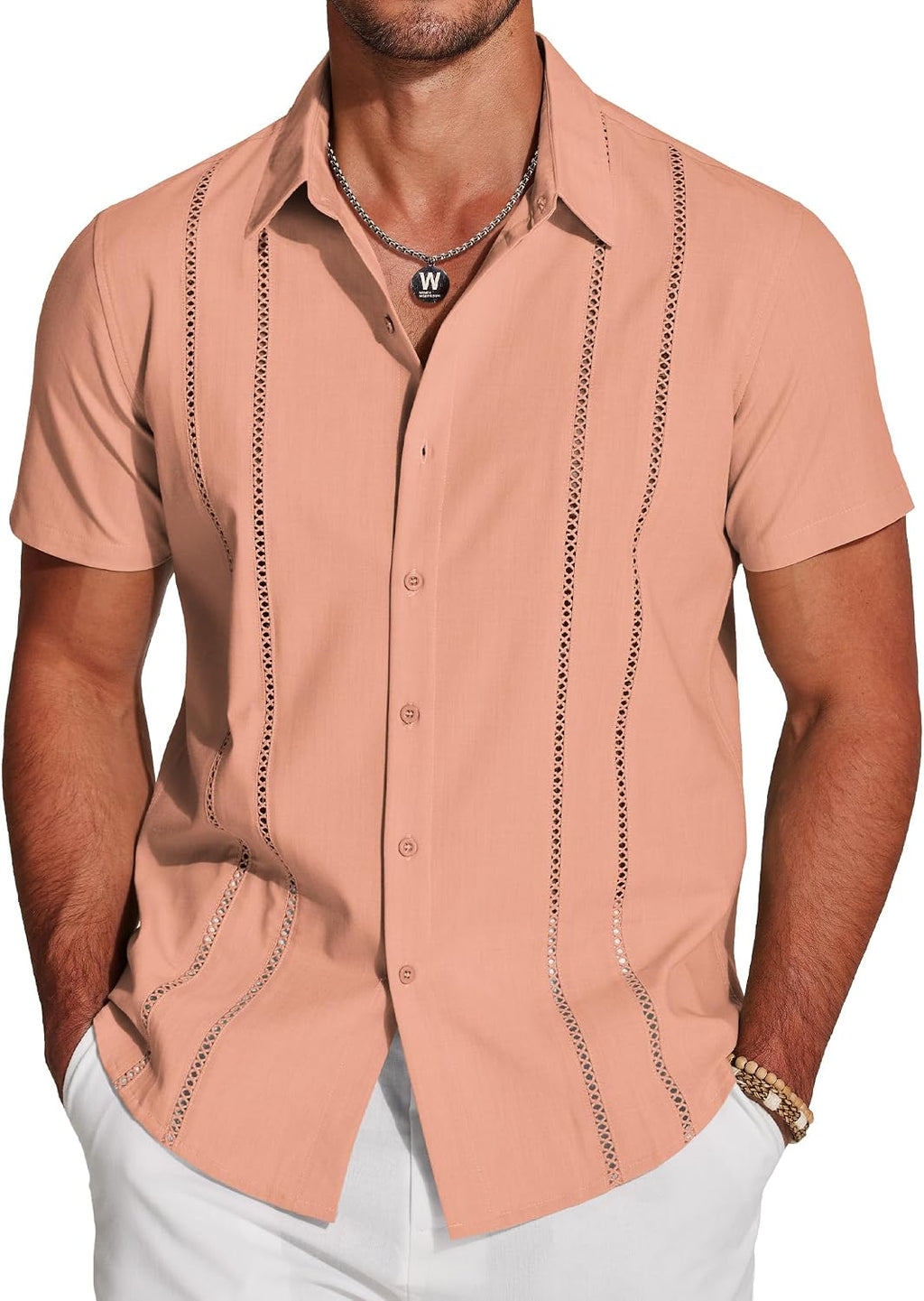 Men's Cuban Guayabera Shirt - Short Sleeve Linen Blend Button Down Casual Top for Summer Beach and Resort Days - Dark Bl