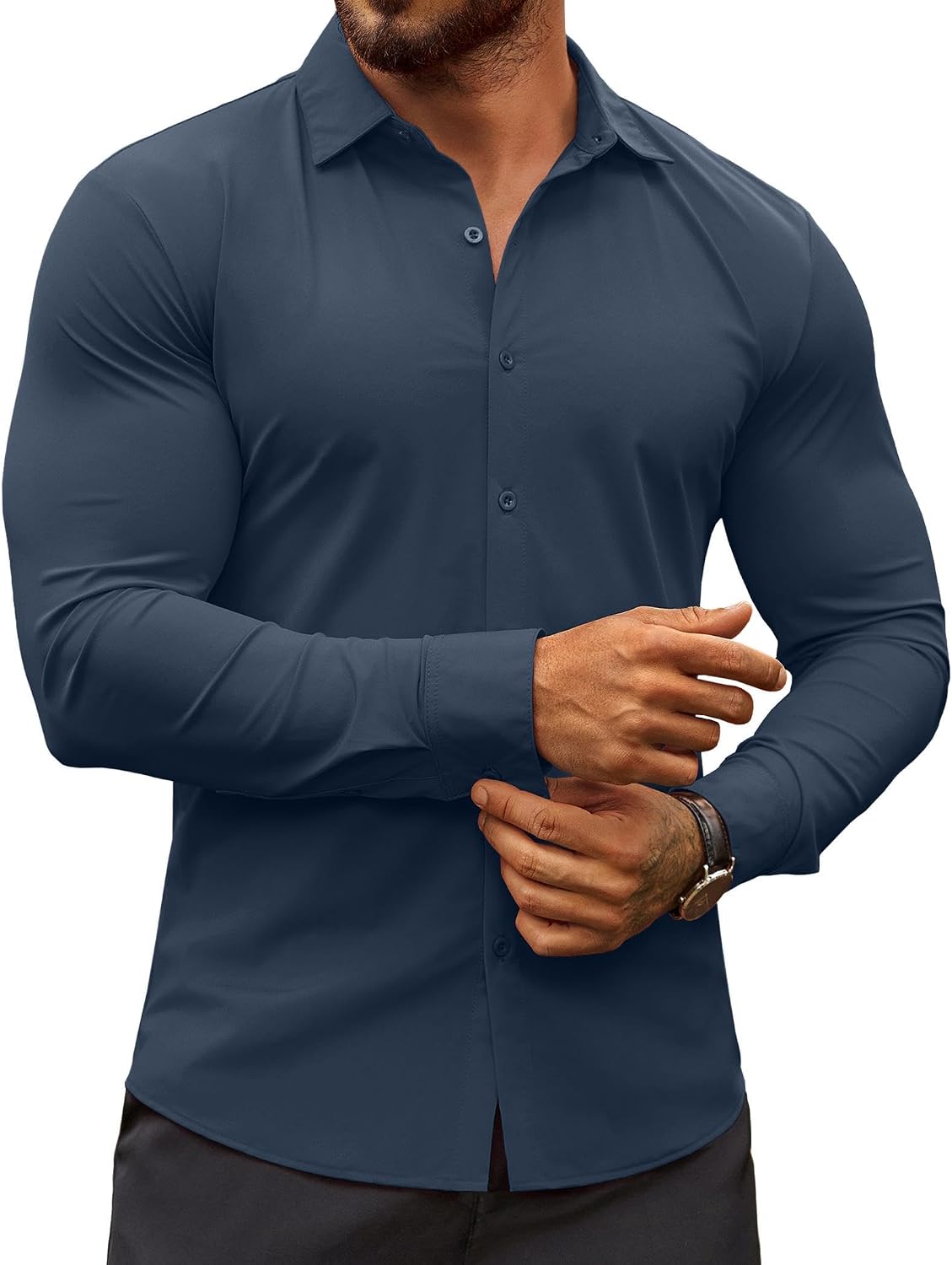 Men's Muscle Fit Dress Shirt - Wrinkle Free Long Sleeve Button Down for Business Casual and Evening Wear - Black (4)