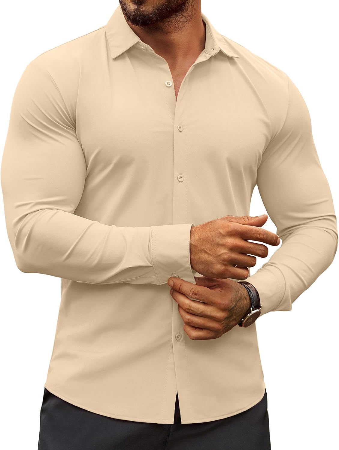 Men's Muscle Fit Dress Shirt - Wrinkle Free Long Sleeve Button Down for Business Casual and Evening Wear - Black