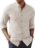 Men's Cotton Linen Button Down Shirt - Long Sleeve Classic Fit Untucked Top with Chest Pocket for Summer - Small