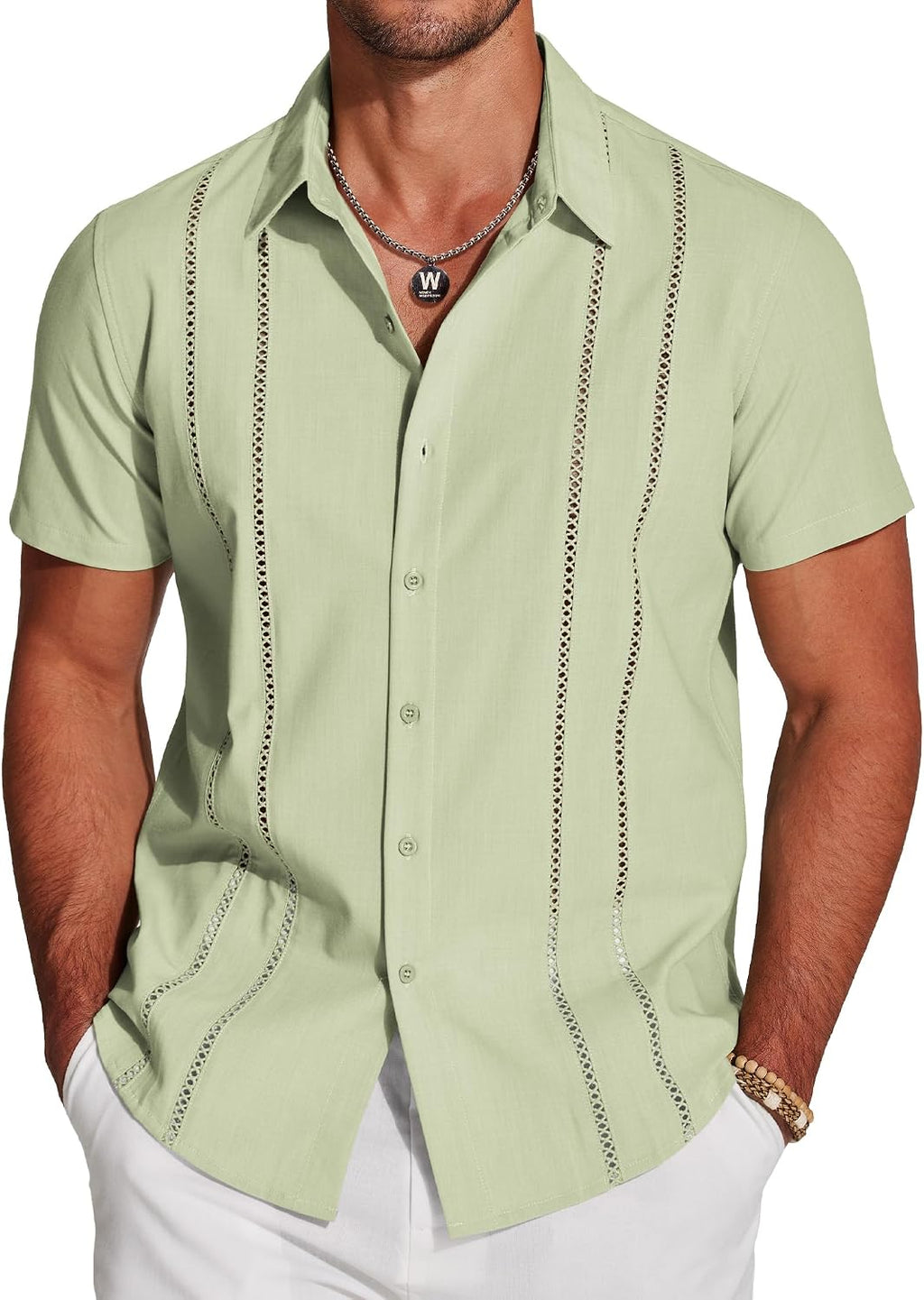 Men's Cuban Guayabera Shirt - Short Sleeve Linen Blend Button Down Casual Top for Summer Beach and Resort Days - Beige