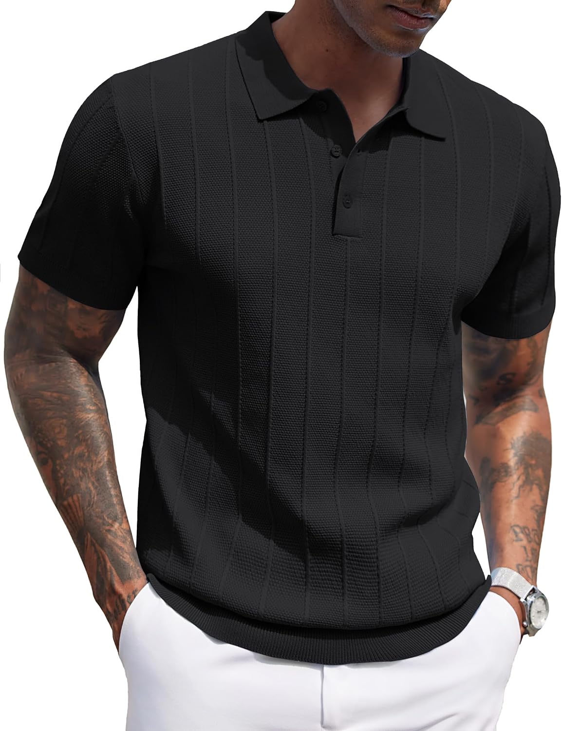 Men's Ribbed Knit Polo Shirt - Short Sleeve Textured Collared Top, Lightweight for Golf and Casual Evenings - Army Green