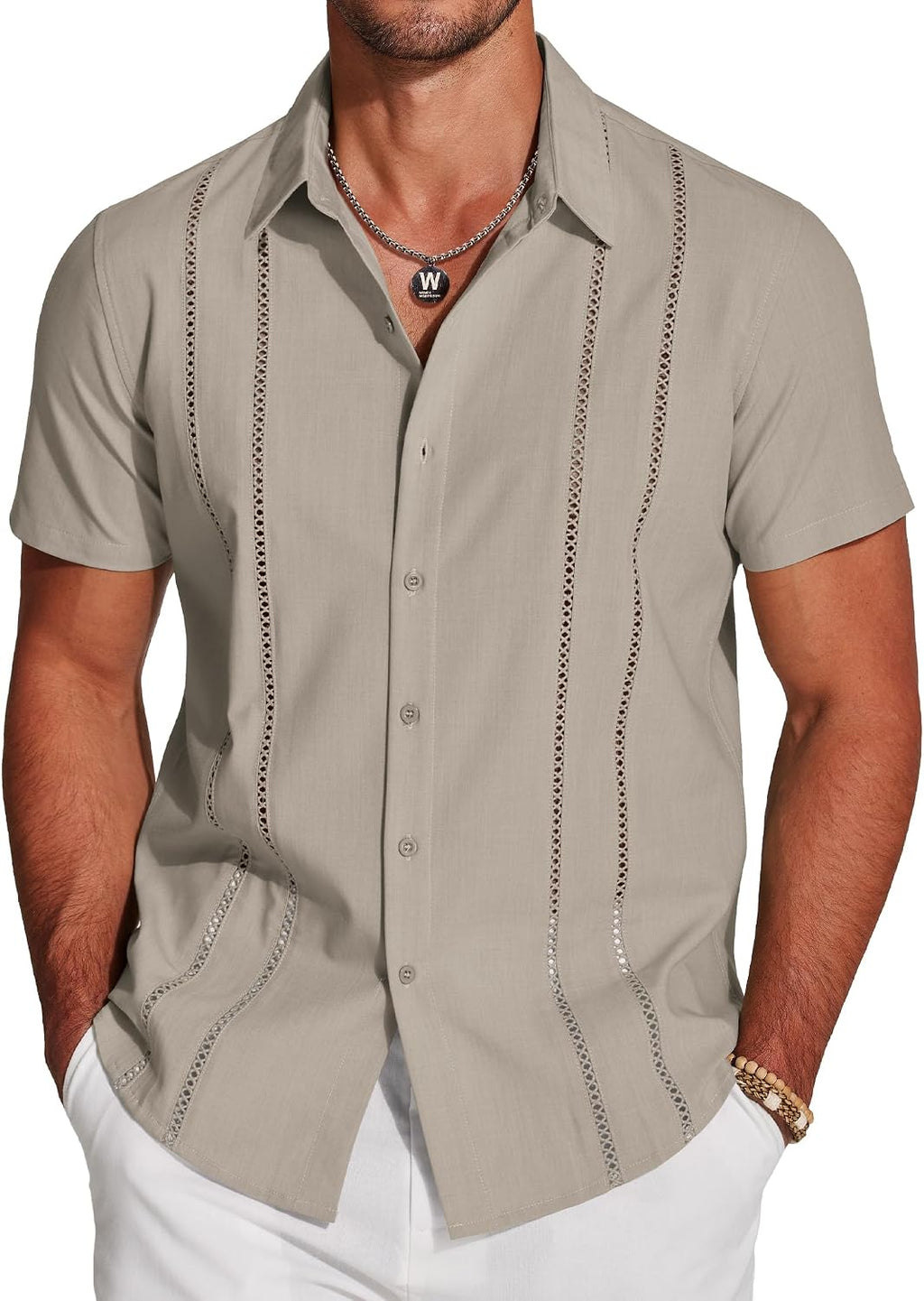 Men's Cuban Guayabera Shirt - Short Sleeve Linen Blend Button Down Casual Top for Summer Beach and Resort Days - Beige (