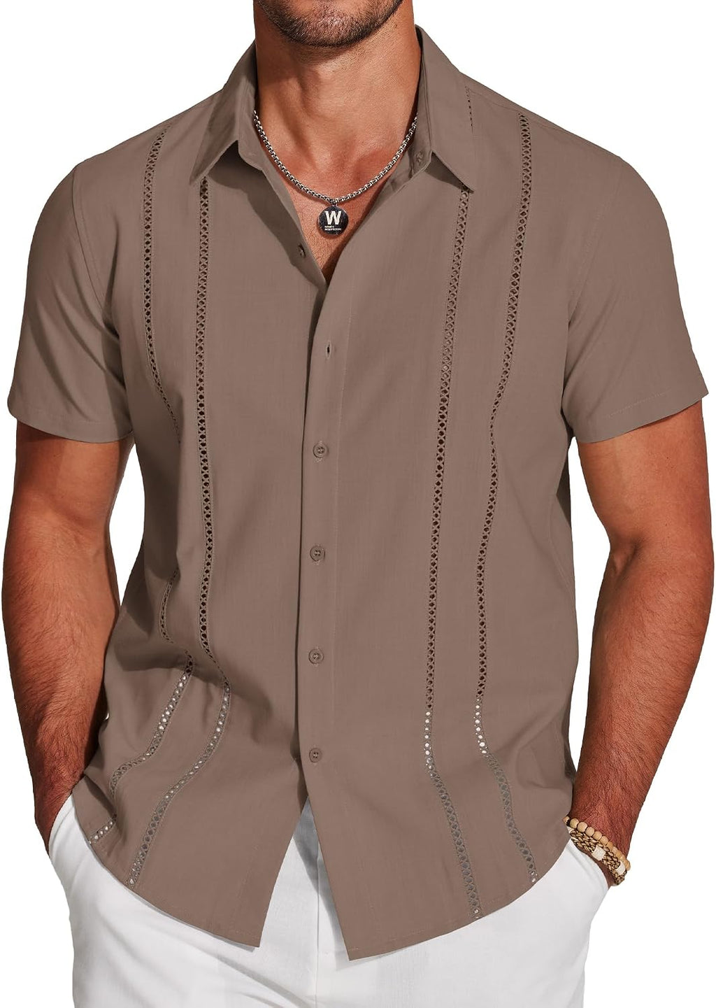 Men's Cuban Guayabera Shirt - Short Sleeve Linen Blend Button Down Casual Top for Summer Beach and Resort Days - Beige (