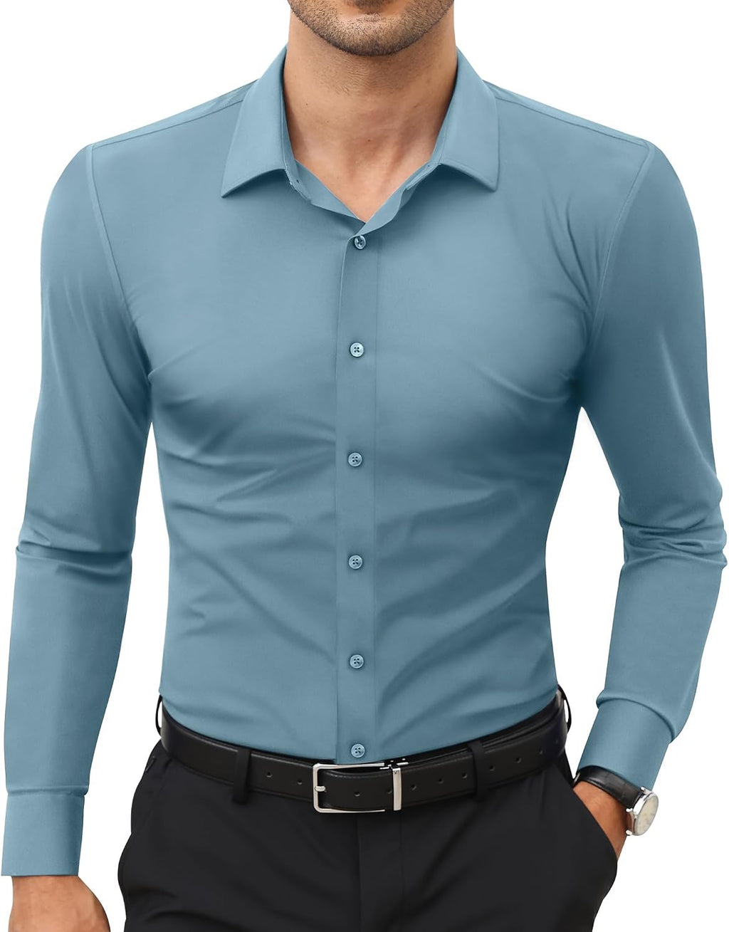 Men's Stretch Dress Shirt - Long Sleeve Slim Muscle Fit, Wrinkle Free Button Down for Office and Evening Wear - Large