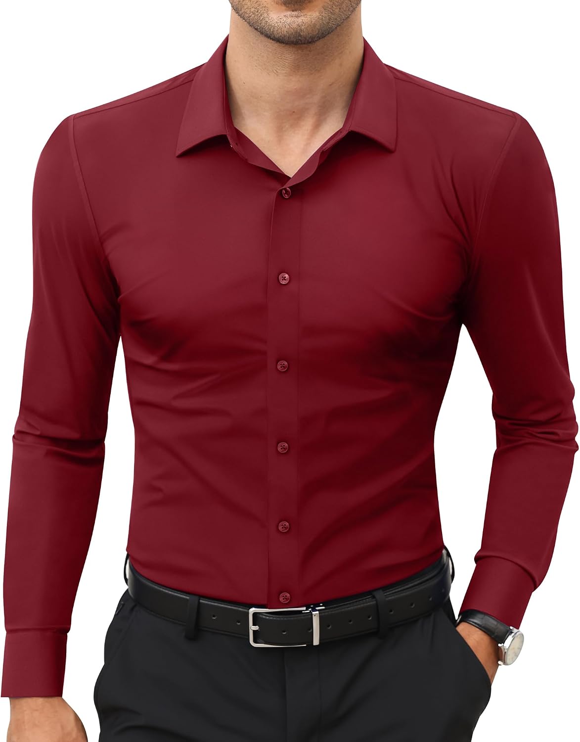 Men's Stretch Dress Shirt - Long Sleeve Slim Muscle Fit, Wrinkle Free Button Down for Office and Evening Wear - Medium