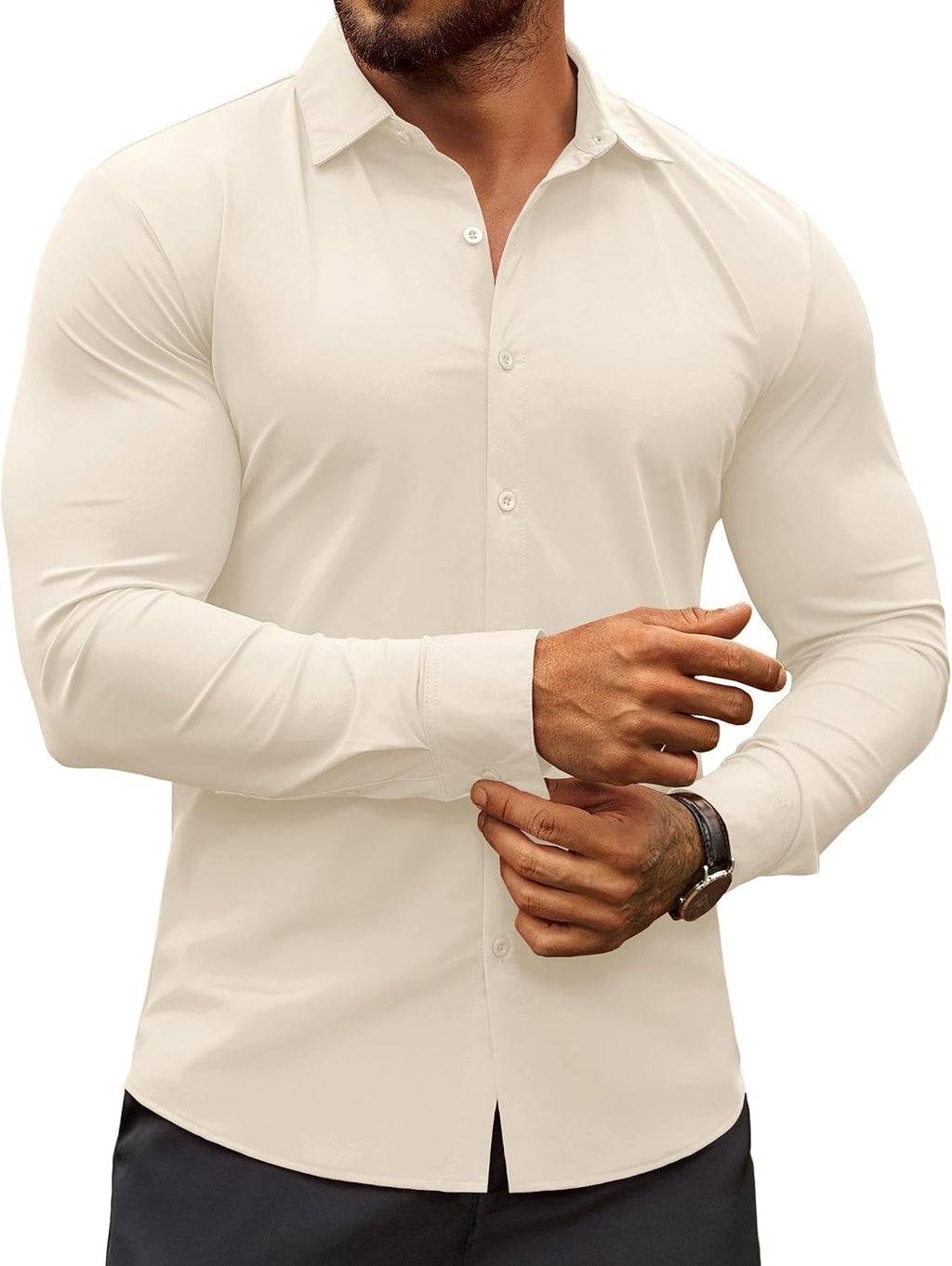 Men's Muscle Fit Dress Shirt - Wrinkle Free Long Sleeve Button Down for Business Casual and Evening Wear - Light Khaki