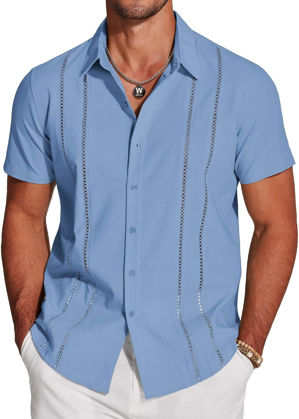 Men's Cuban Guayabera Shirt - Short Sleeve Linen Blend Button Down Casual Top for Summer Beach and Resort Days - Beige