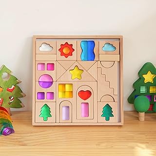 Wooden blocks and colorful acrylic shapes arranged in a wooden tray