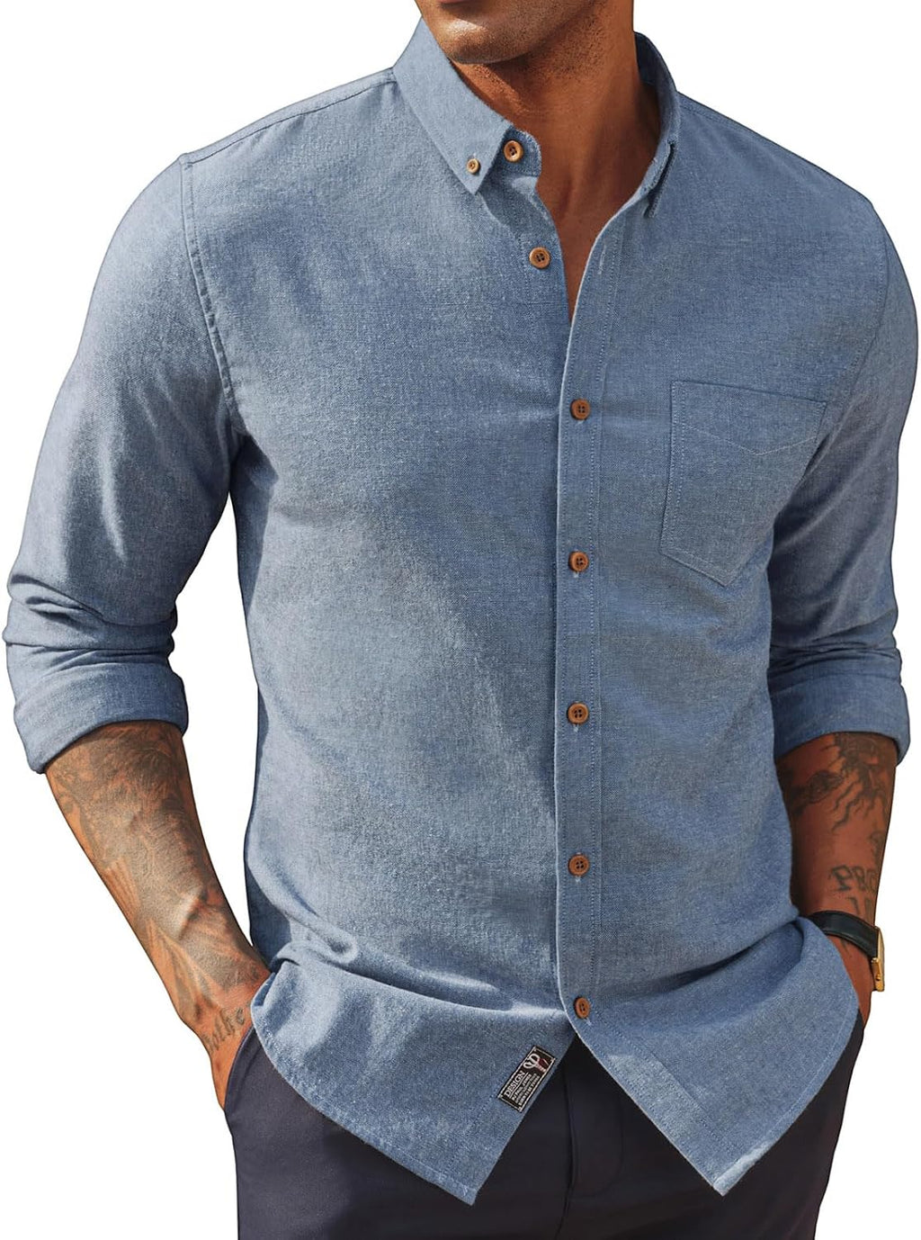 Men's Cotton Linen Button Down Shirt - Long Sleeve Classic Fit Untucked Top with Chest Pocket for Summer - Medium