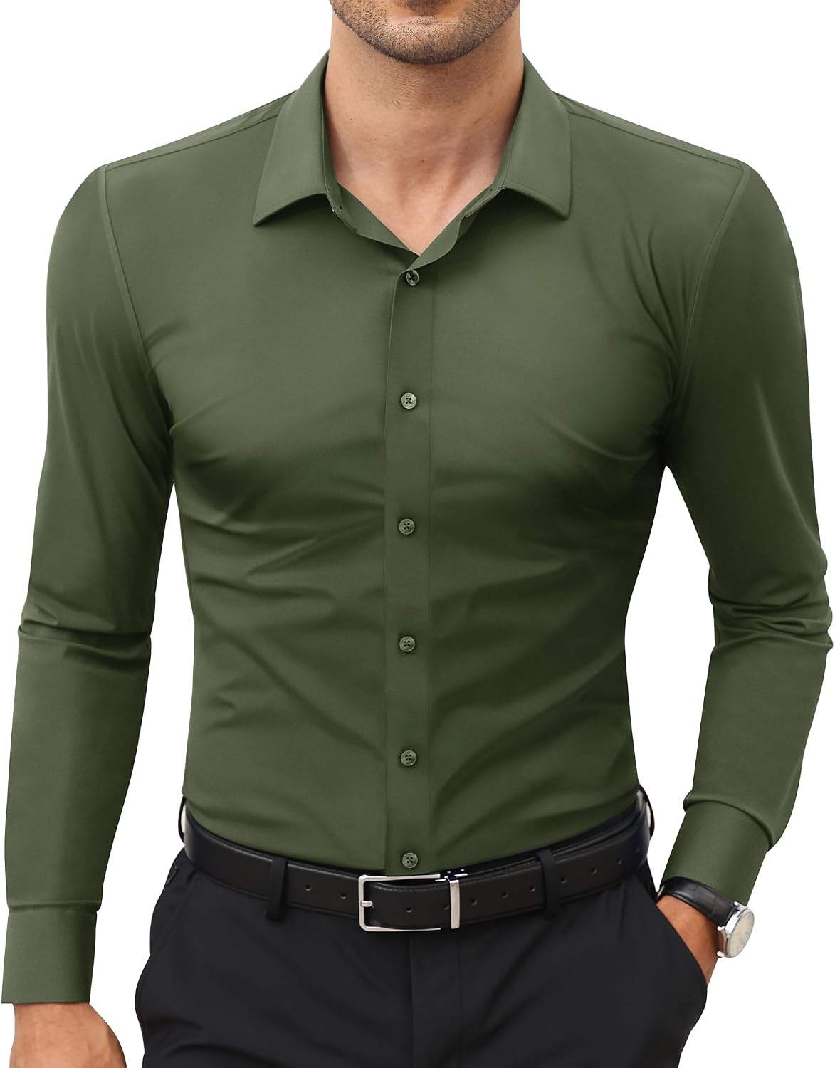 Men's Stretch Dress Shirt - Long Sleeve Slim Muscle Fit, Wrinkle Free Button Down for Office and Evening Wear - Large