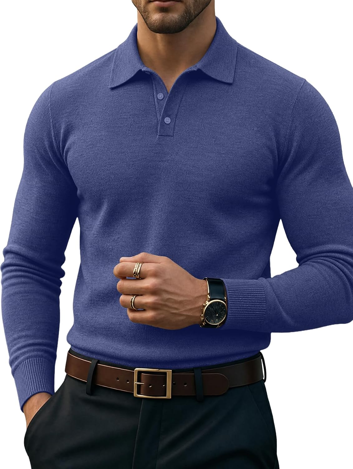 Men's Knit Polo Sweater - Long Sleeve Classic Golf Shirt with a Ribbed Collar for Cool Rounds and Office Days - Black