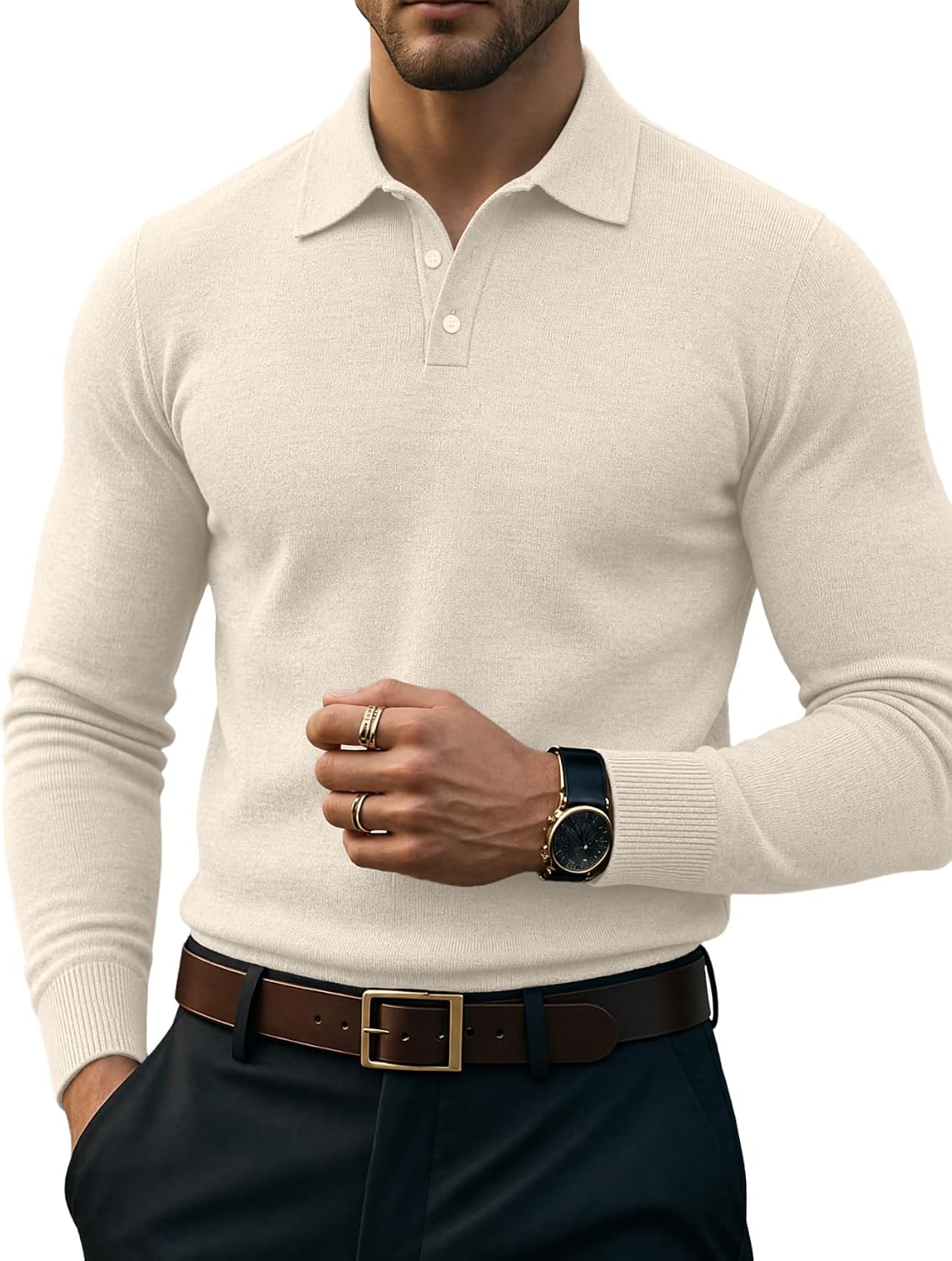 Men's Knit Polo Sweater - Long Sleeve Classic Golf Shirt with a Ribbed Collar for Cool Rounds and Office Days - Black (4