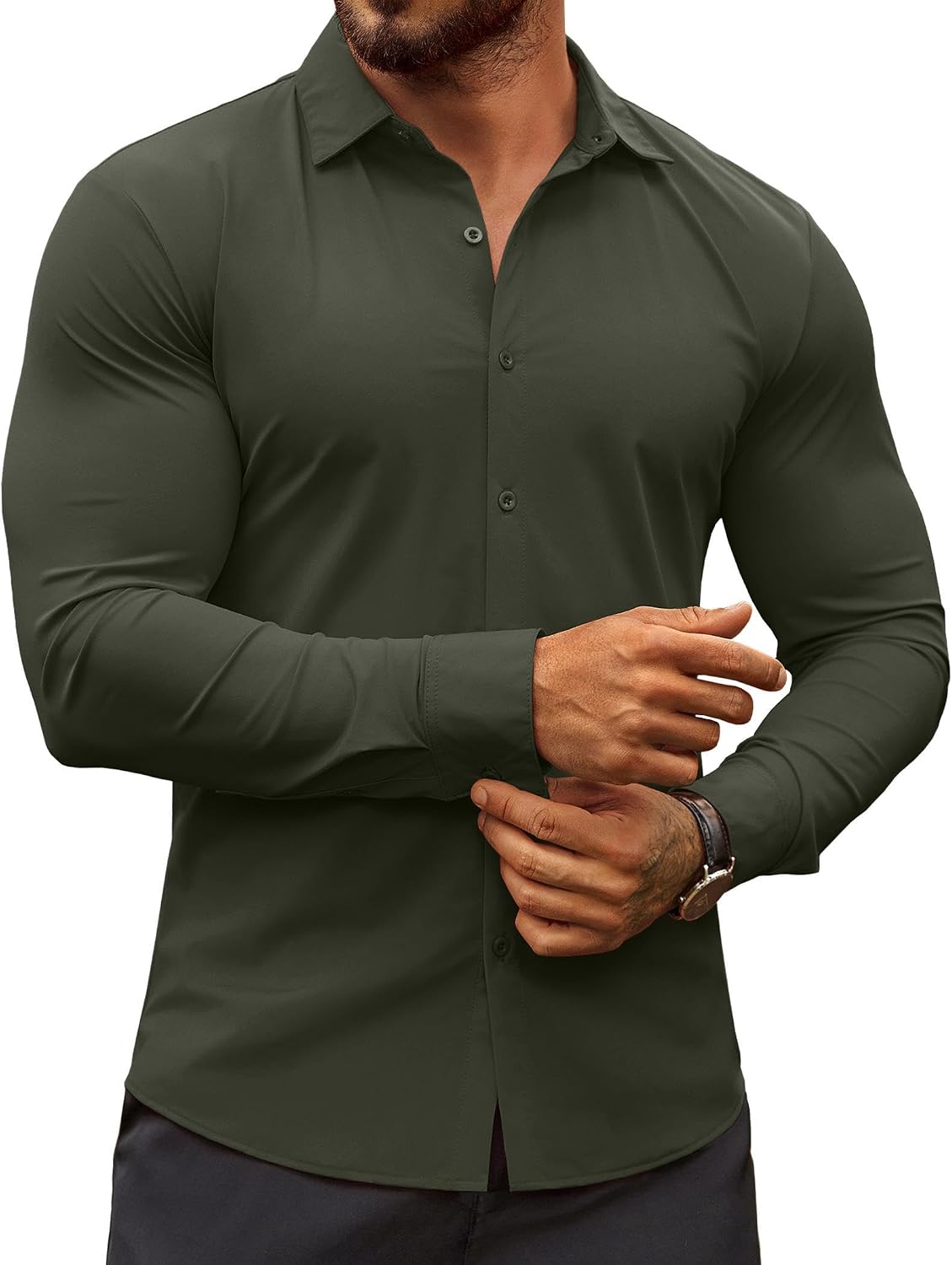 Men's Muscle Fit Dress Shirt - Wrinkle Free Long Sleeve Button Down for Business Casual and Evening Wear - White