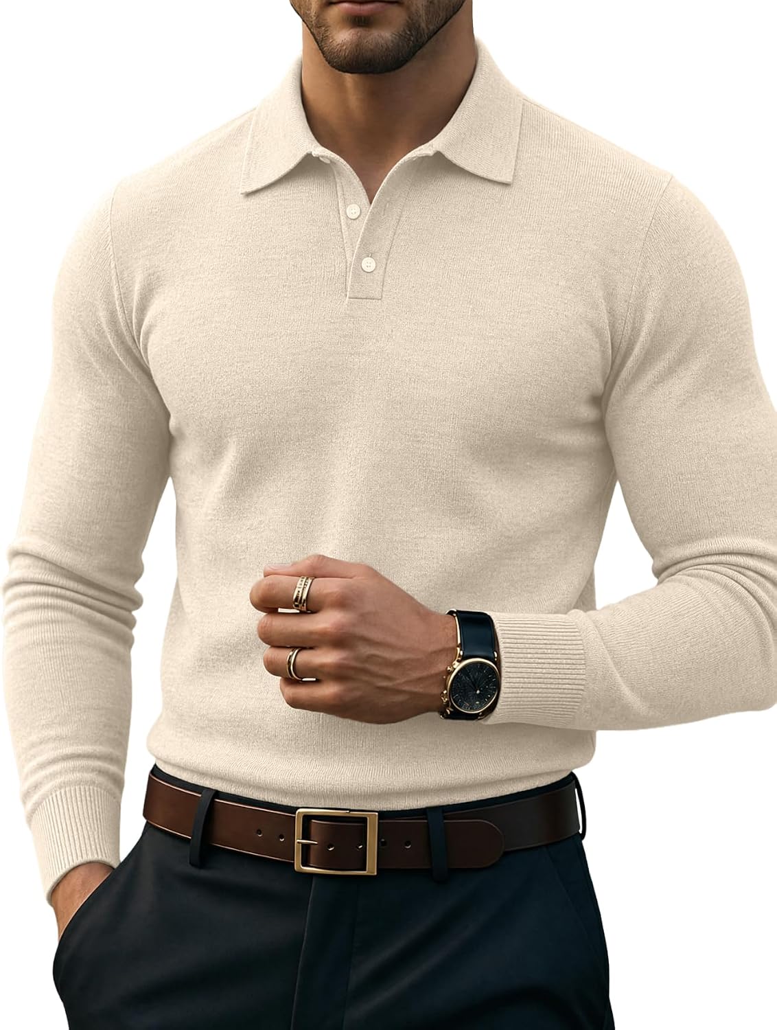 Men's Knit Polo Sweater - Long Sleeve Classic Golf Shirt with a Ribbed Collar for Cool Rounds and Office Days - Black