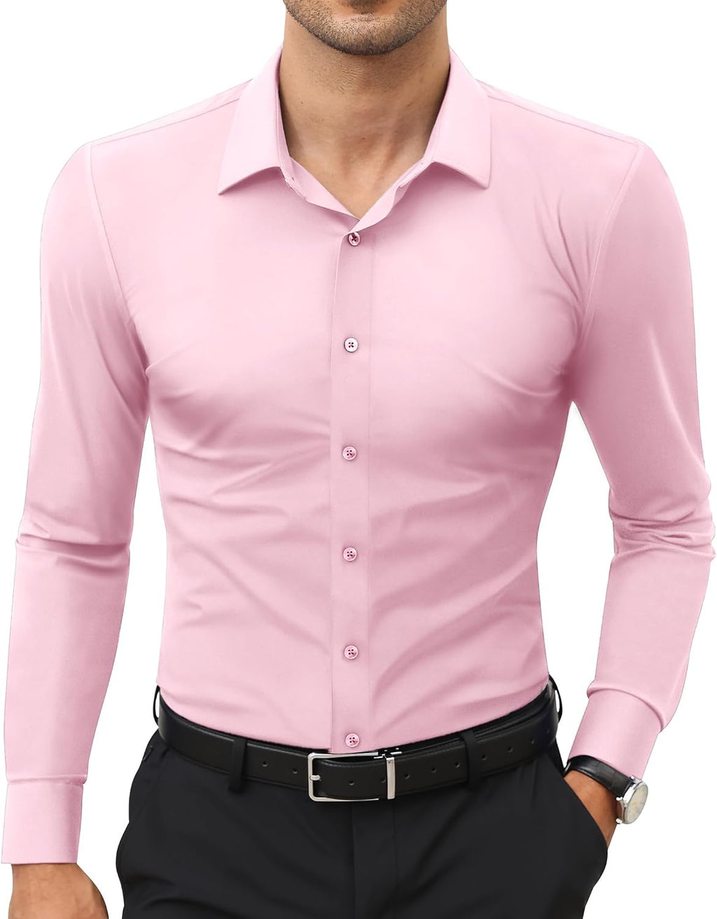 Men's Stretch Dress Shirt - Long Sleeve Slim Muscle Fit, Wrinkle Free Button Down for Office and Evening Wear - Small