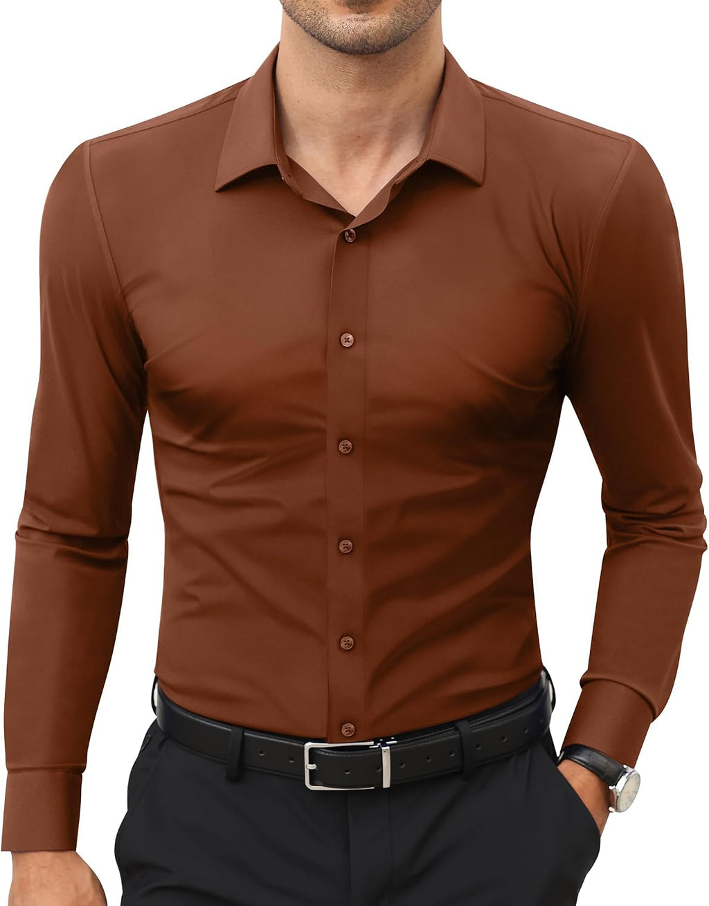 Men's Stretch Dress Shirt - Long Sleeve Slim Muscle Fit, Wrinkle Free Button Down for Office and Evening Wear - Large