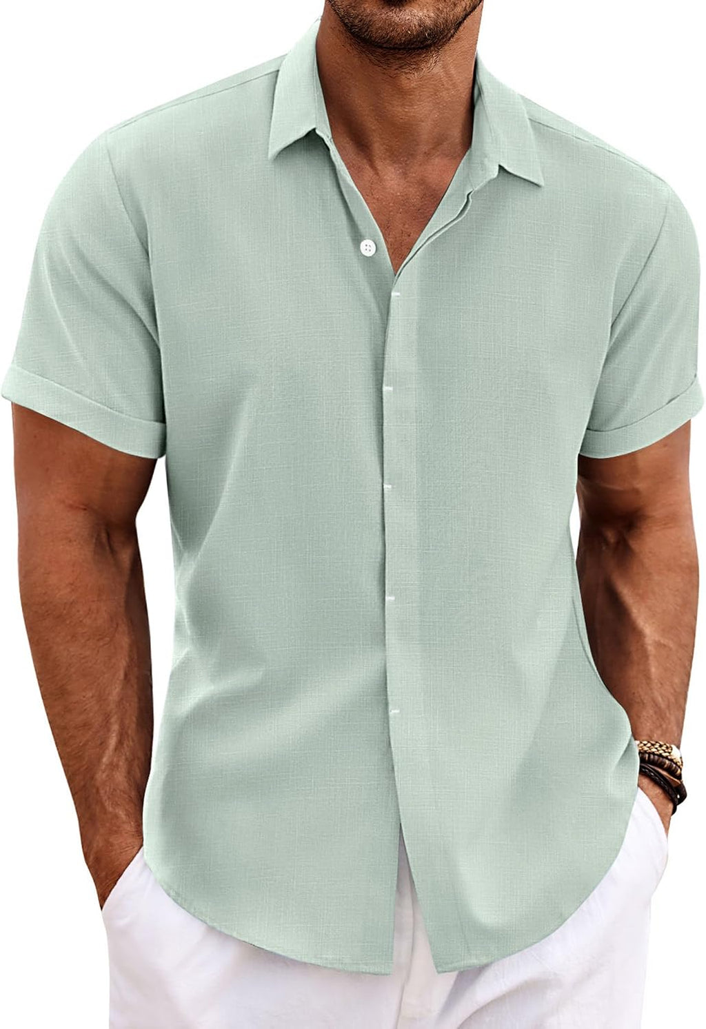 Men's Linen Blend Short Sleeve Shirt - Button Down Casual Fit, Lightweight and Breathable for Summer Beach Weddings - La