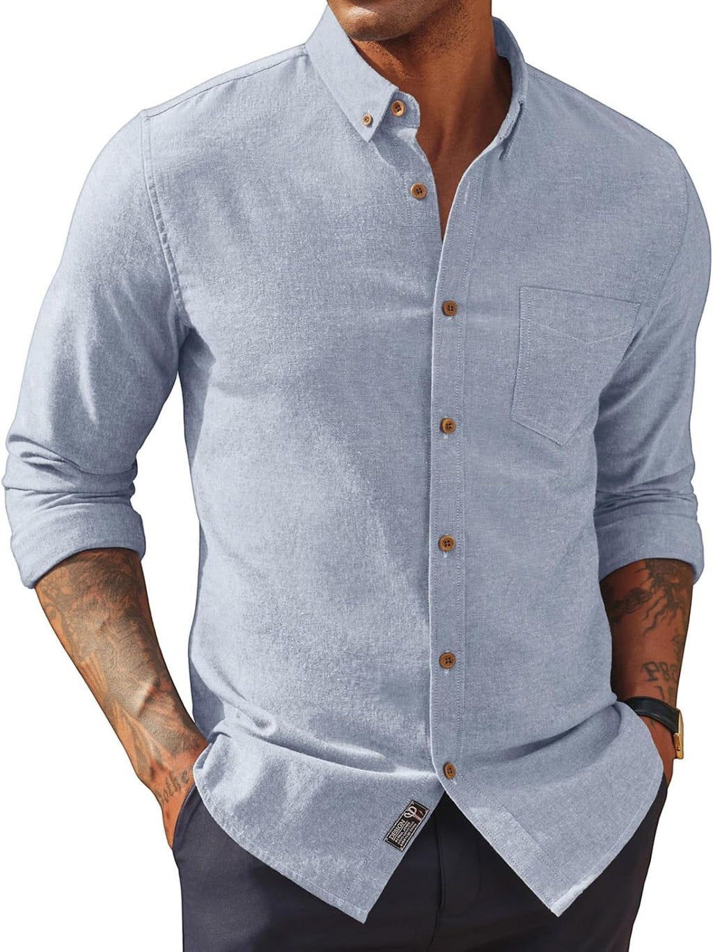 Men's Cotton Linen Button Down Shirt - Long Sleeve Classic Fit Untucked Top with Chest Pocket for Summer - Small