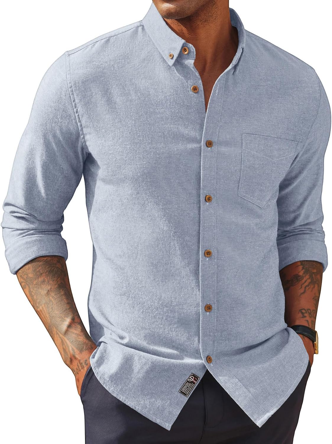 Men's Cotton Linen Button Down Shirt - Long Sleeve Classic Fit Untucked Top with Chest Pocket for Summer - Small