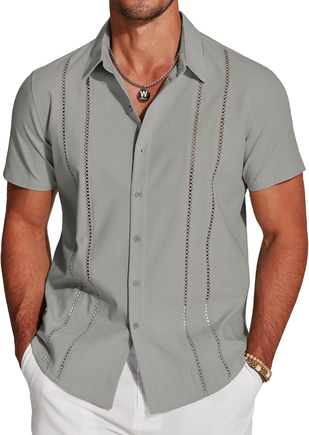 Men's Cuban Guayabera Shirt - Short Sleeve Linen Blend Button Down Casual Top for Summer Beach and Resort Days - White (