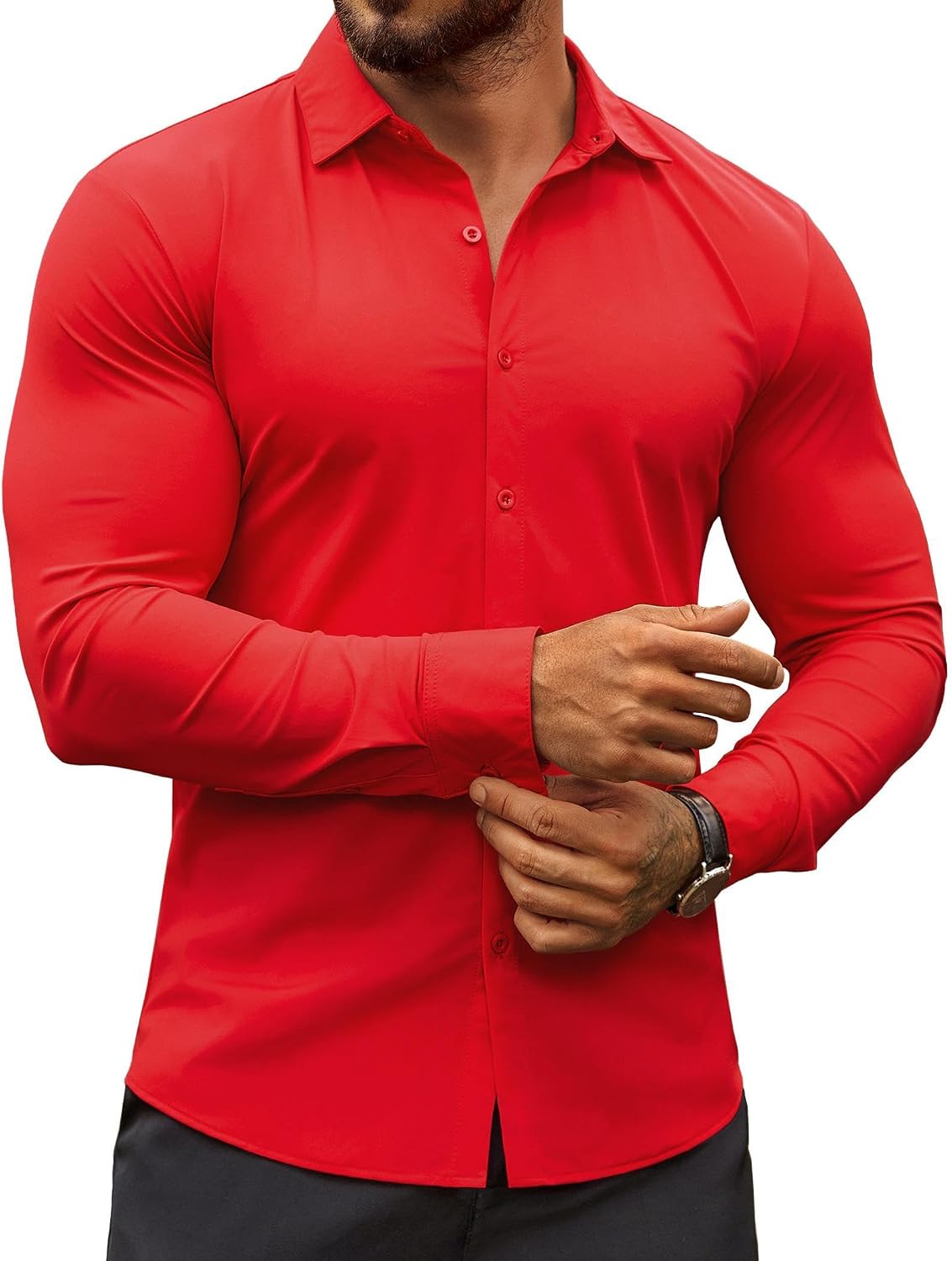 Men's Muscle Fit Dress Shirt - Wrinkle Free Long Sleeve Button Down for Business Casual and Evening Wear - White (14)