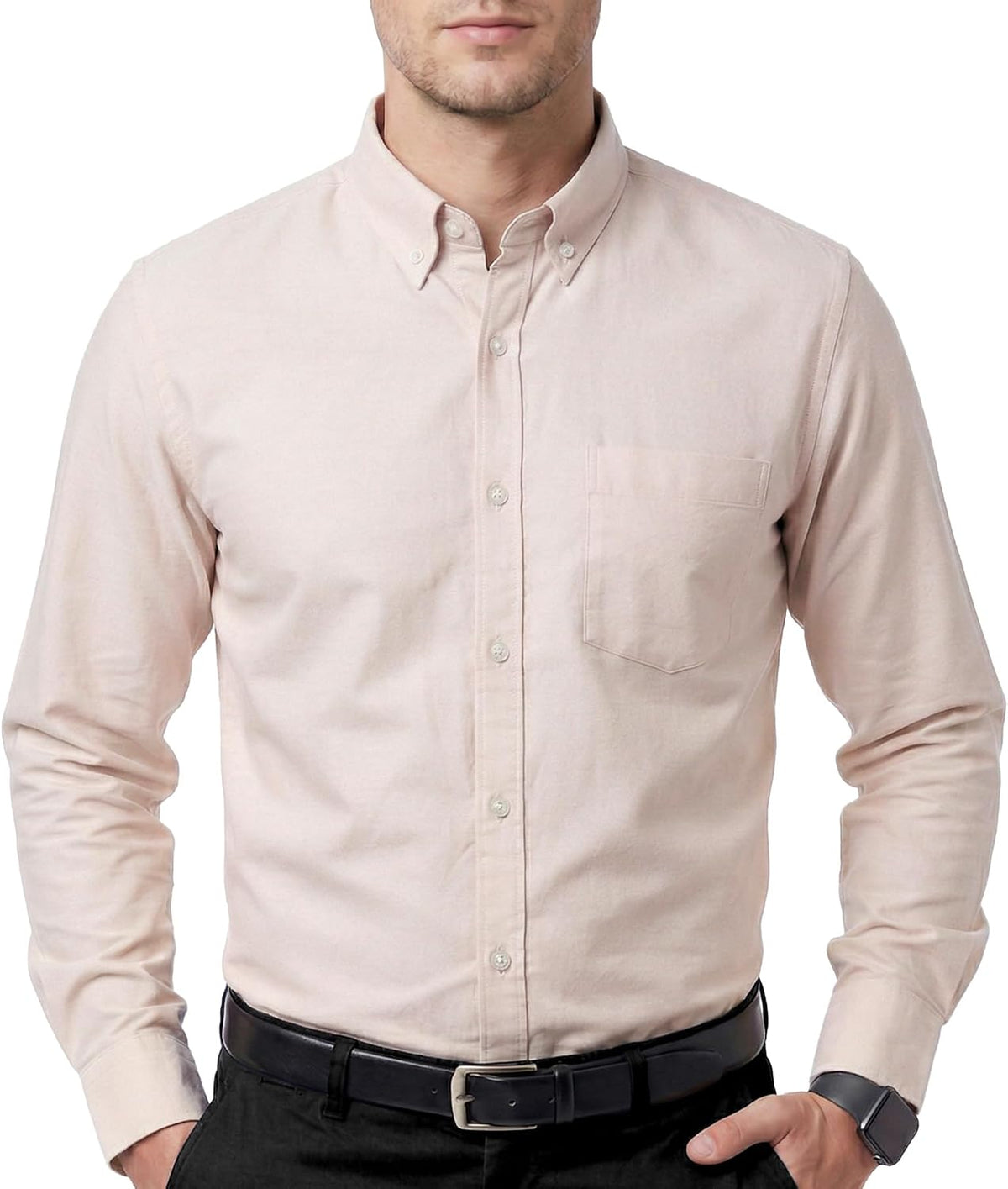 Men's Oxford Cotton Dress Shirt - Long Sleeve Regular Fit, Pre-Shrunk Button Down with Chest Pocket for Work - Large