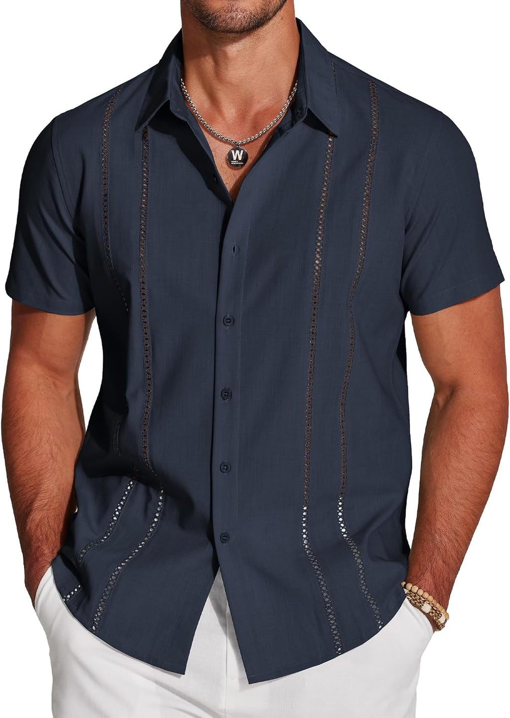 Men's Cuban Guayabera Shirt - Short Sleeve Linen Blend Button Down Casual Top for Summer Beach and Resort Days - Beige (