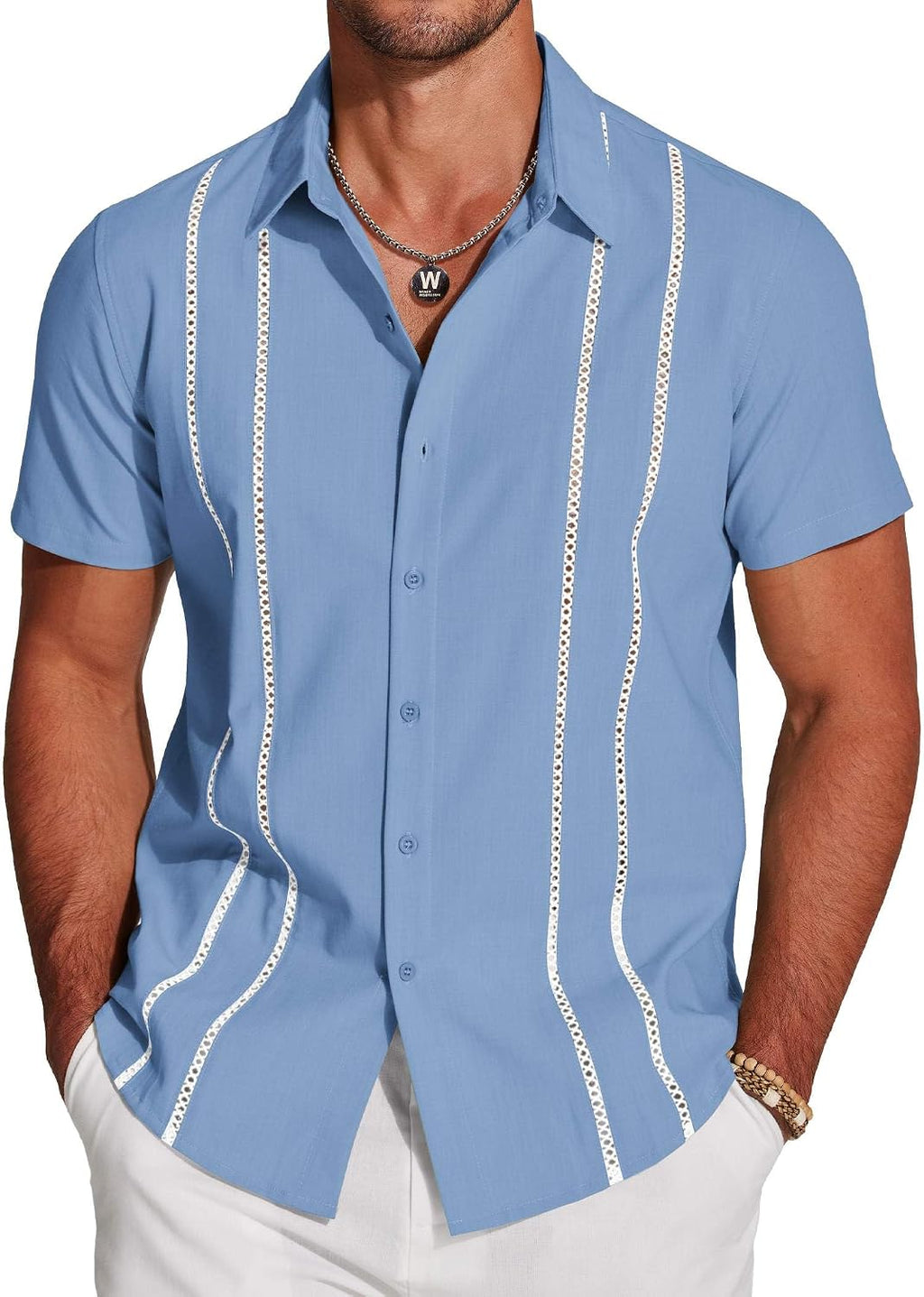 Men's Cuban Guayabera Shirt - Short Sleeve Linen Blend Button Down Casual Top for Summer Beach and Resort Days - Beige (