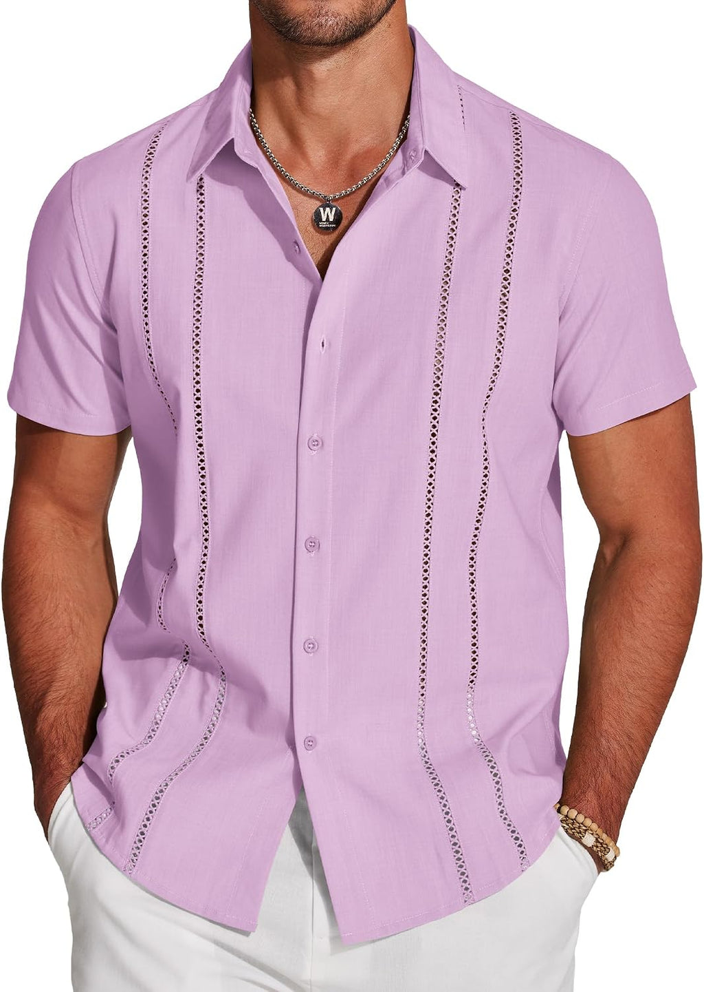 Men's Cuban Guayabera Shirt - Short Sleeve Linen Blend Button Down Casual Top for Summer Beach and Resort Days - Beige (