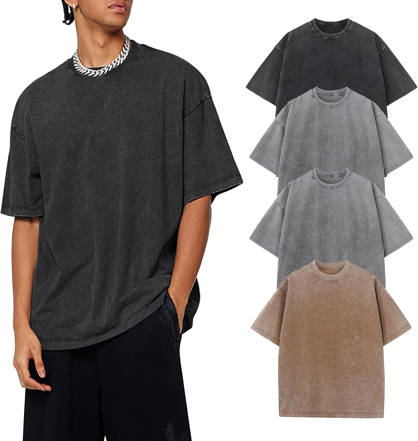 Men's Acid Wash Oversized Tee 4-Pack - Heavyweight Cotton Vintage Shirts with Faded Finish for Streetwear - Medium