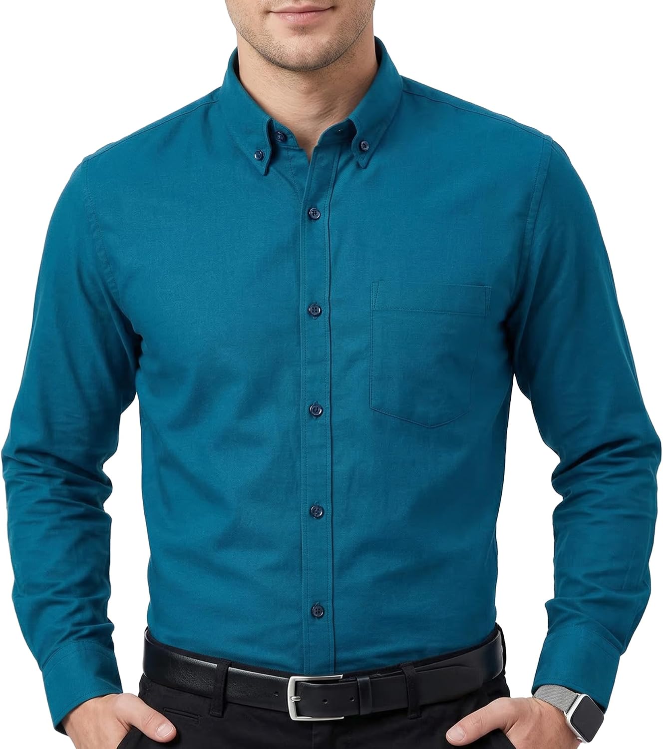Men's Oxford Cotton Dress Shirt - Long Sleeve Regular Fit, Pre-Shrunk Button Down with Chest Pocket for Work - Small