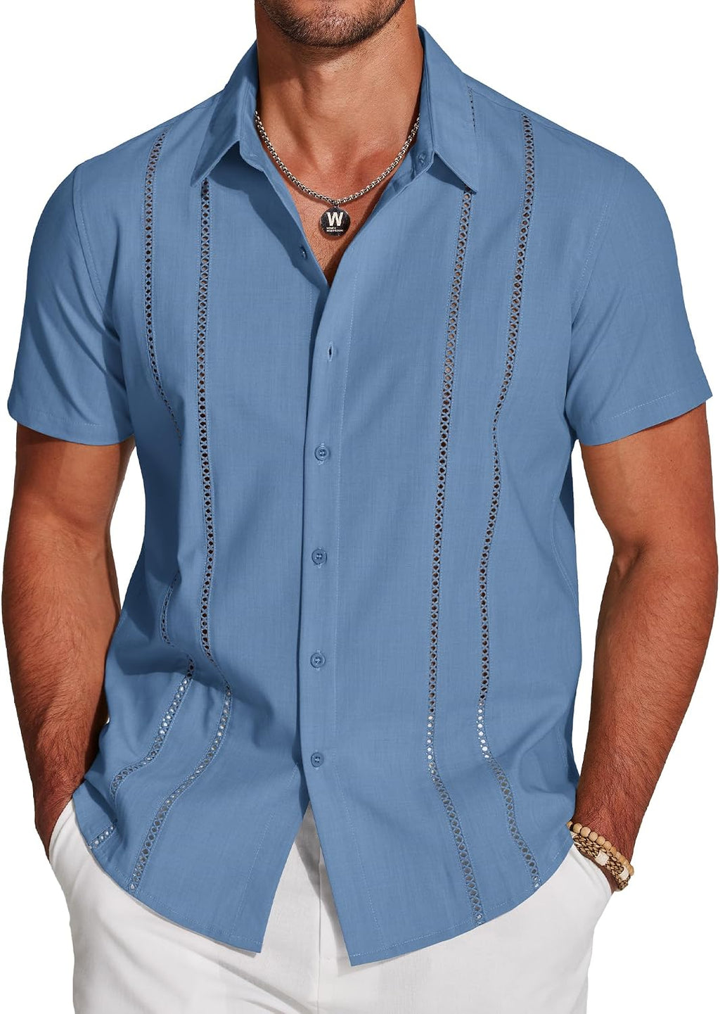 Men's Cuban Guayabera Shirt - Short Sleeve Linen Blend Button Down Casual Top for Summer Beach and Resort Days - Dark Bl