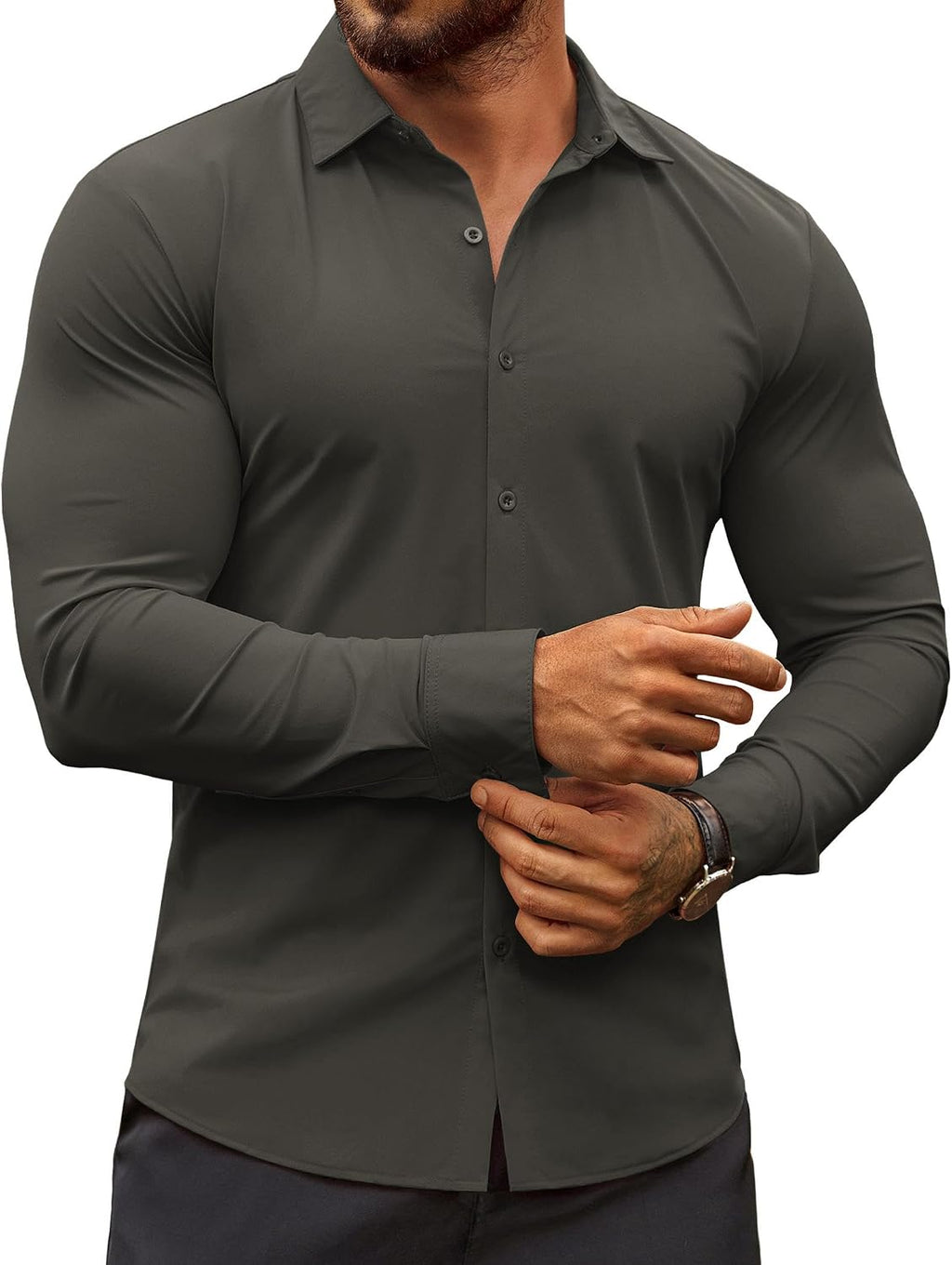 Men's Muscle Fit Dress Shirt - Wrinkle Free Long Sleeve Button Down for Business Casual and Evening Wear - White (16)