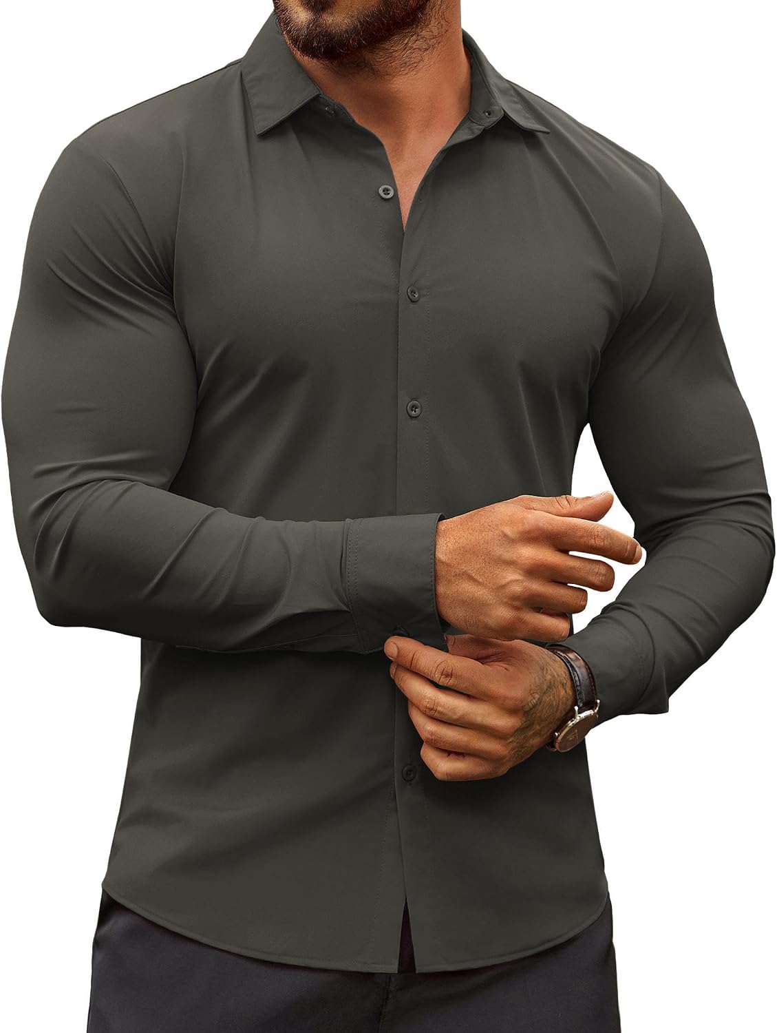 Men's Muscle Fit Dress Shirt - Wrinkle Free Long Sleeve Button Down for Business Casual and Evening Wear - White (16)