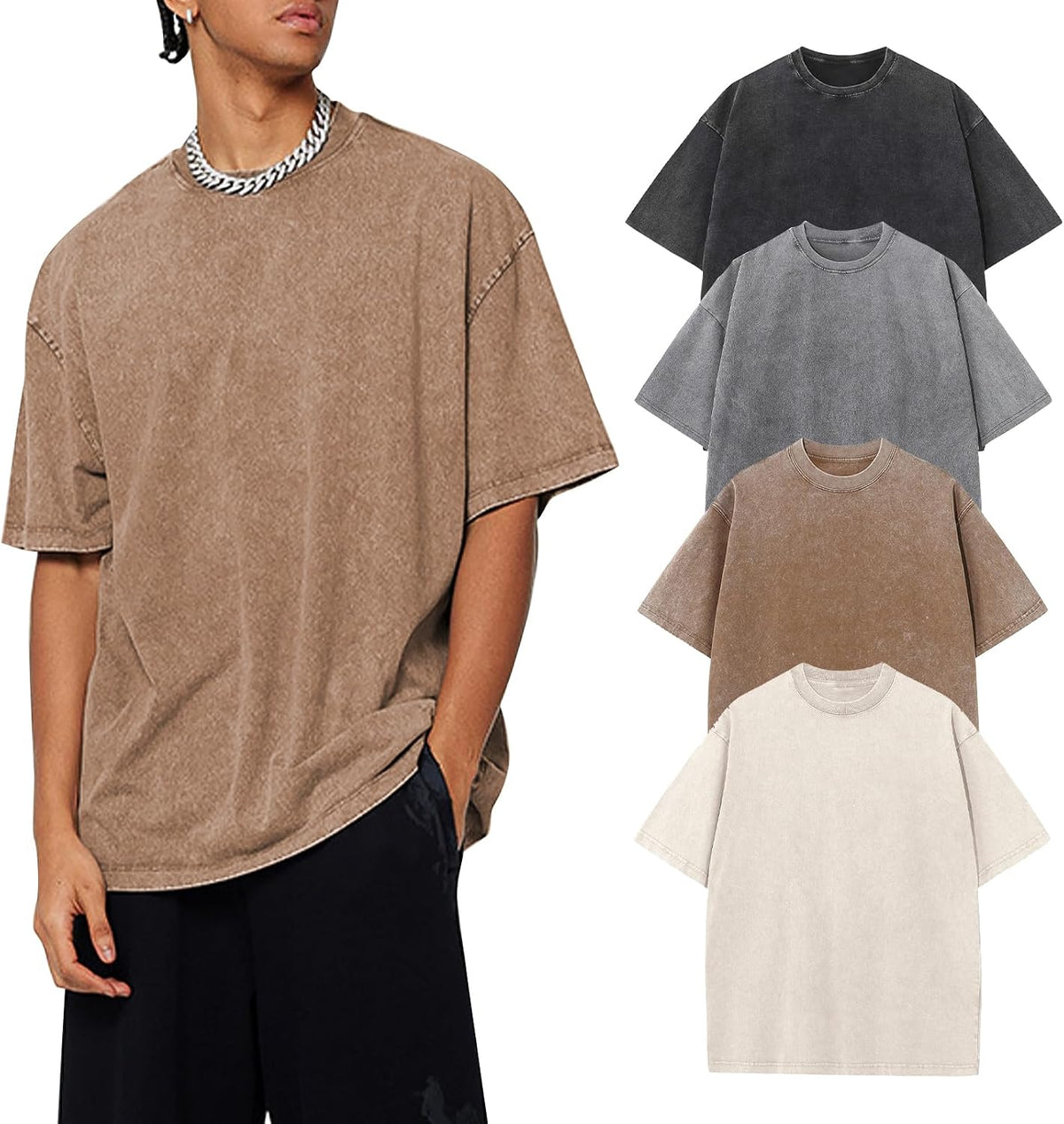 Men's Acid Wash Oversized Tee 4-Pack - Heavyweight Cotton Vintage Shirts with Faded Finish for Streetwear - Small