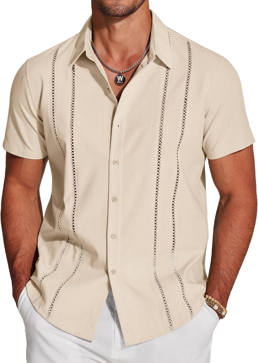 Men's Cuban Guayabera Shirt - Short Sleeve Linen Blend Button Down Casual Top for Summer Beach and Resort Days - White (