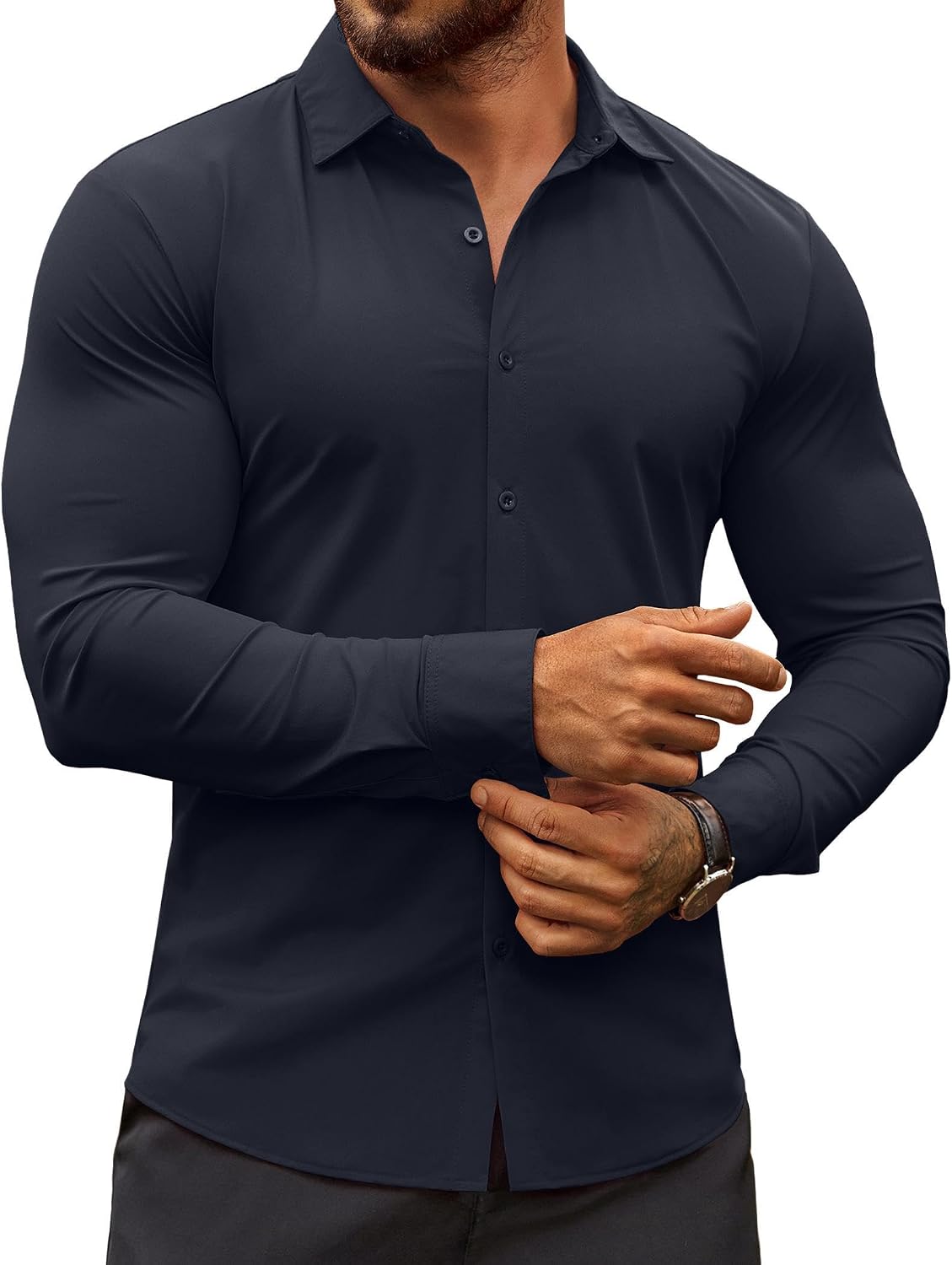 Men's Muscle Fit Dress Shirt - Wrinkle Free Long Sleeve Button Down for Business Casual and Evening Wear - Black (7)